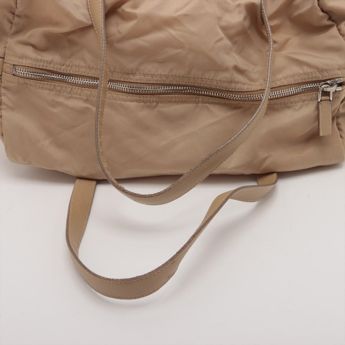 Prada Tessuto Nylon Leather Duffle Shoulder Bag Beige 2