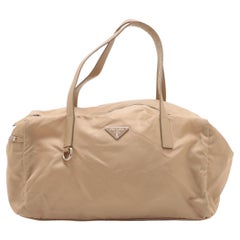 Prada Tessuto Nylon Leather Duffle Shoulder Bag Beige