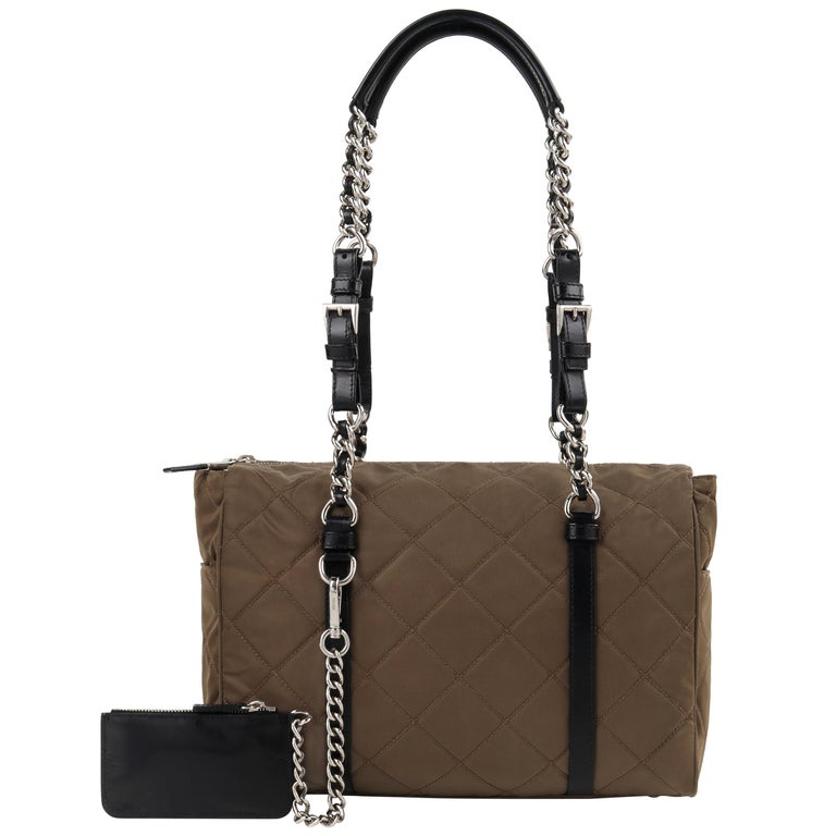 PRADA "Tessuto" Olive Brown Diamond Quilted Leather Chain Strap