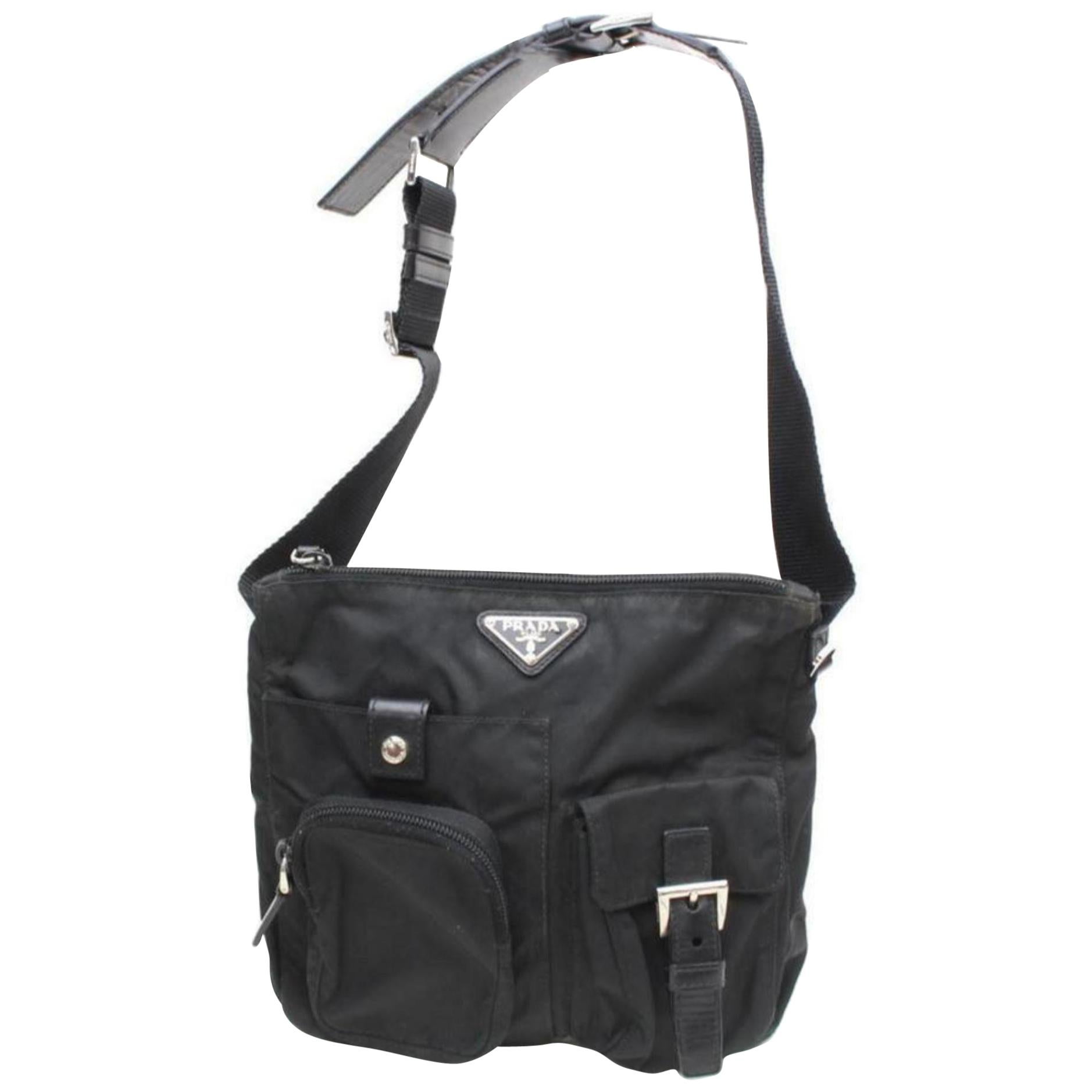 Prada Tessuto Pocket Messenger 869721 Black Nylon Shoulder Bag For Sale