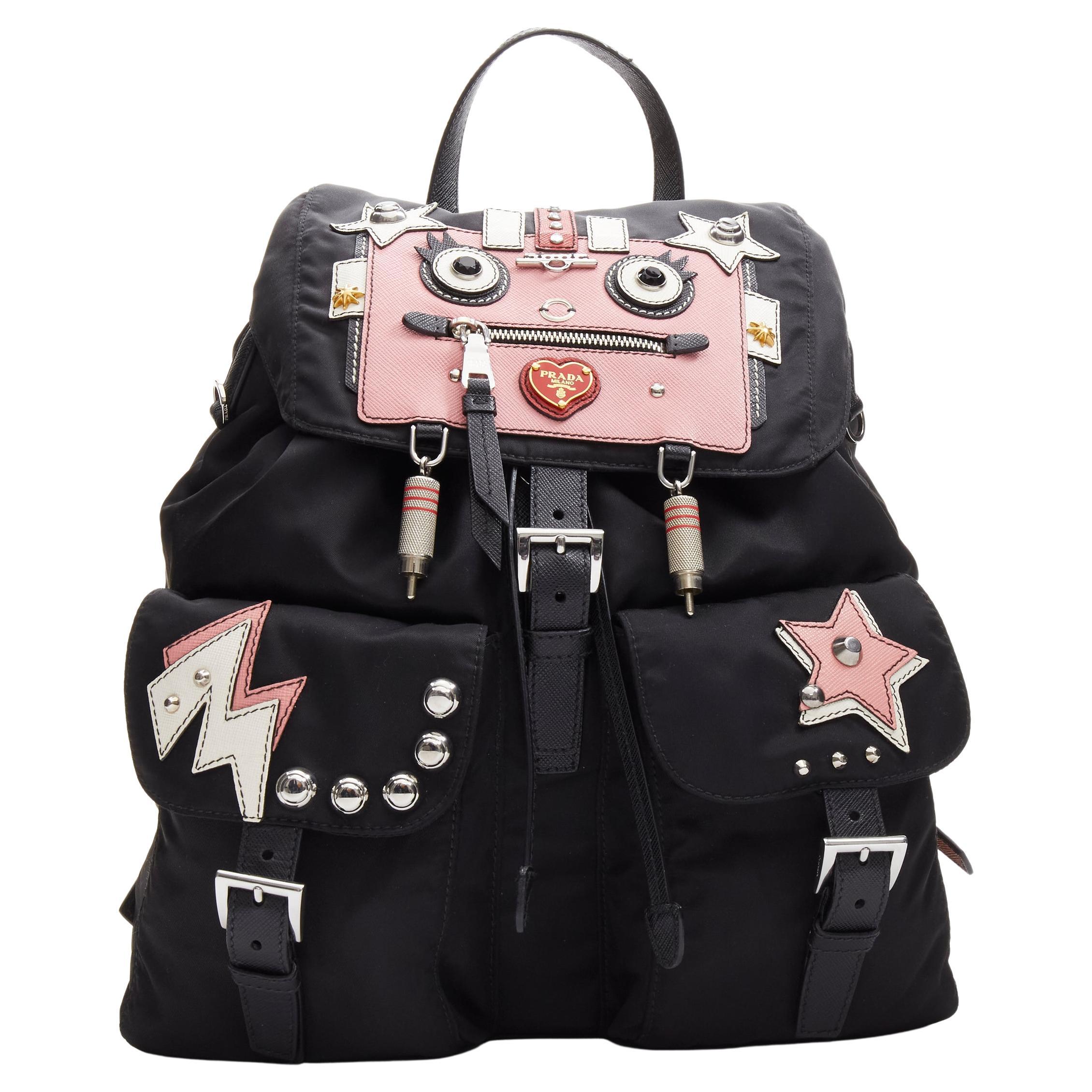 PRADA Tessuto Robot pink saffiano leather patchwork studded nylon backpack