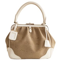 Vintage Prada Top Handle Bag  Handbag Beige Canvas and White Leather Trim