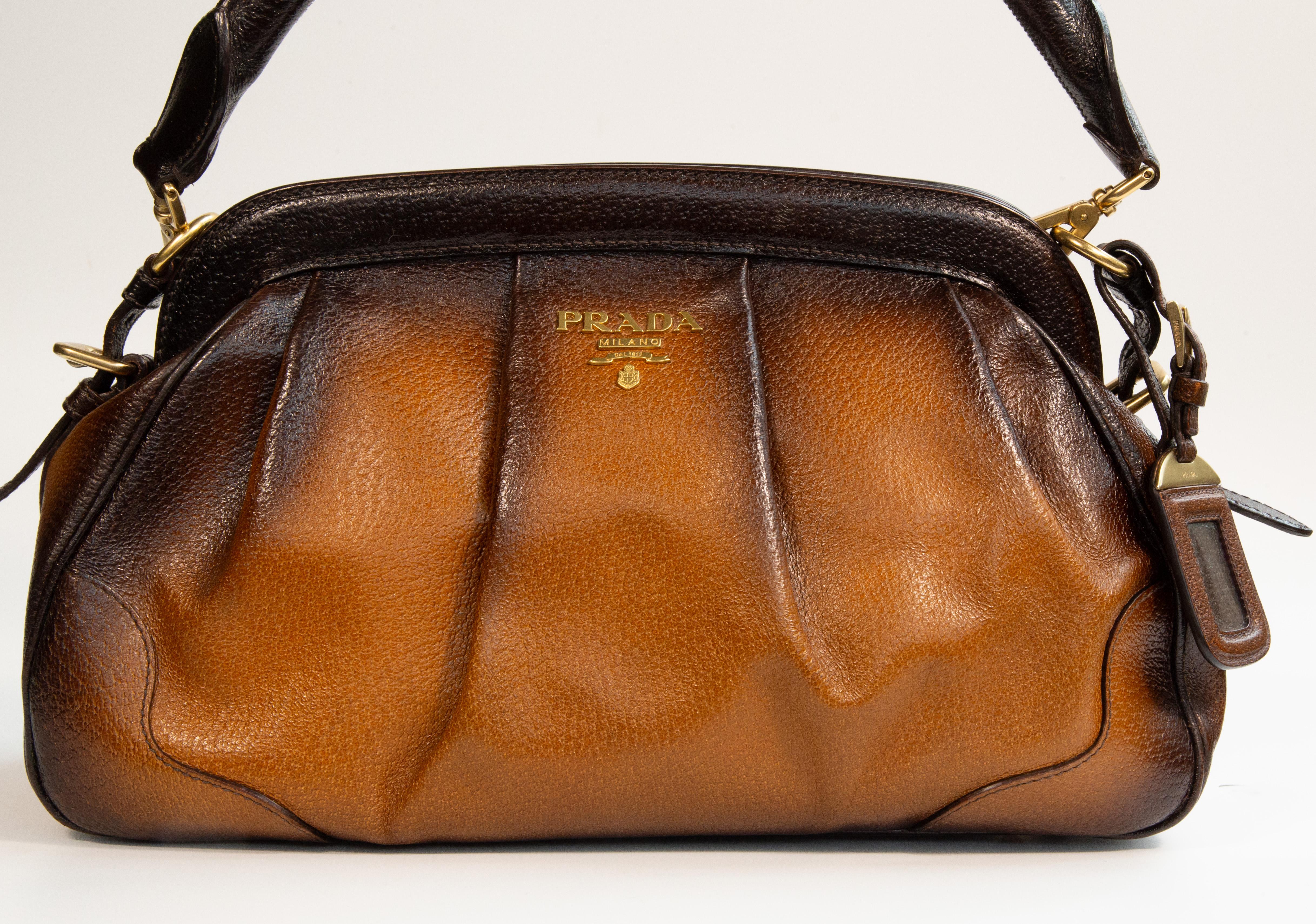 Prada Top Handle Bag Shoulder Bag in Brown Leather In Excellent Condition For Sale In Arnhem, NL