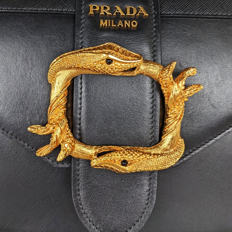 Prada Top Handle Cahier Animalier Serpent Snake Black Leather Shoulder Bag  at 1stDibs