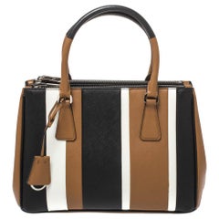 Prada Tri Color Striped Saffiano Leather Small Double Zip Tote