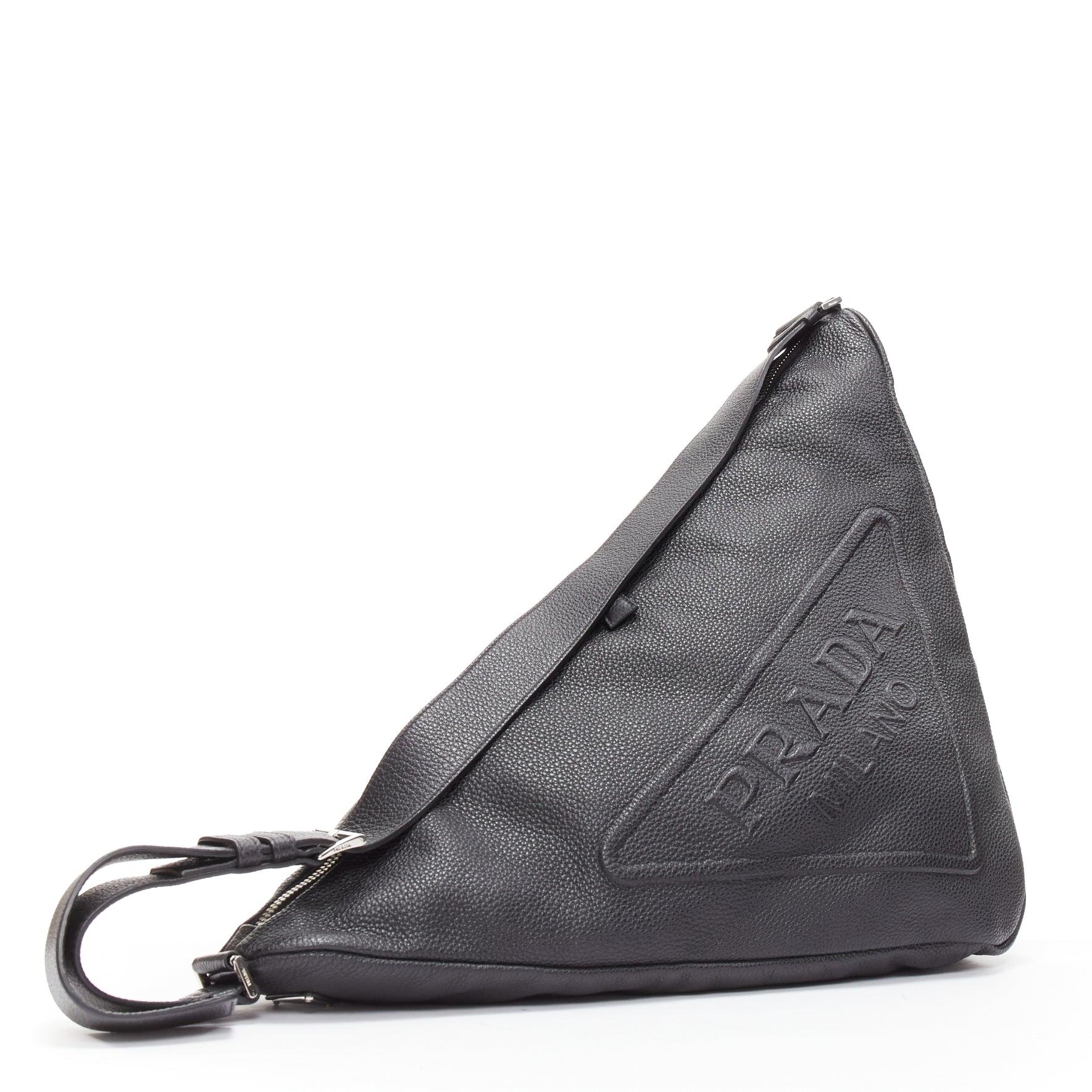 PRADA Triangle black textured leather big logo large messenger shoulder bag In Excellent Condition For Sale In Hong Kong, NT