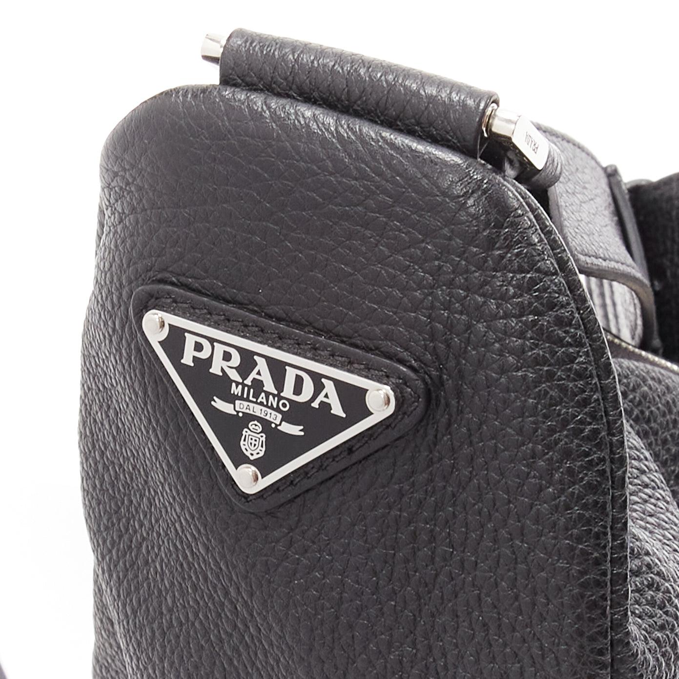 PRADA Triangle black textured leather big logo large messenger shoulder bag For Sale 3