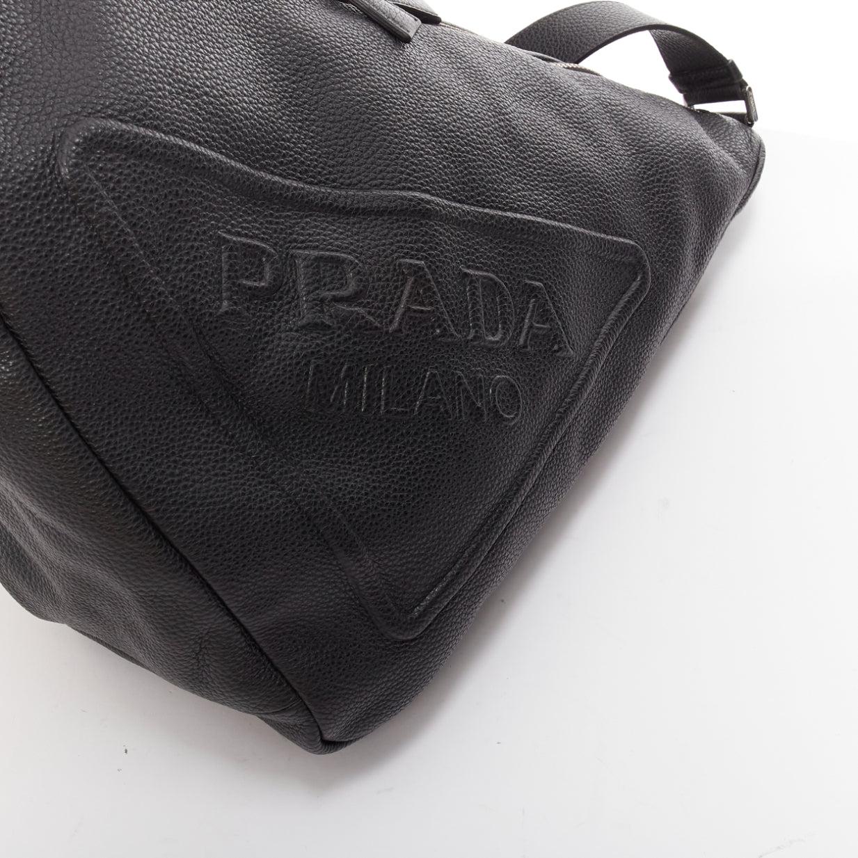 PRADA Triangle black textured leather big logo large messenger shoulder bag For Sale 4