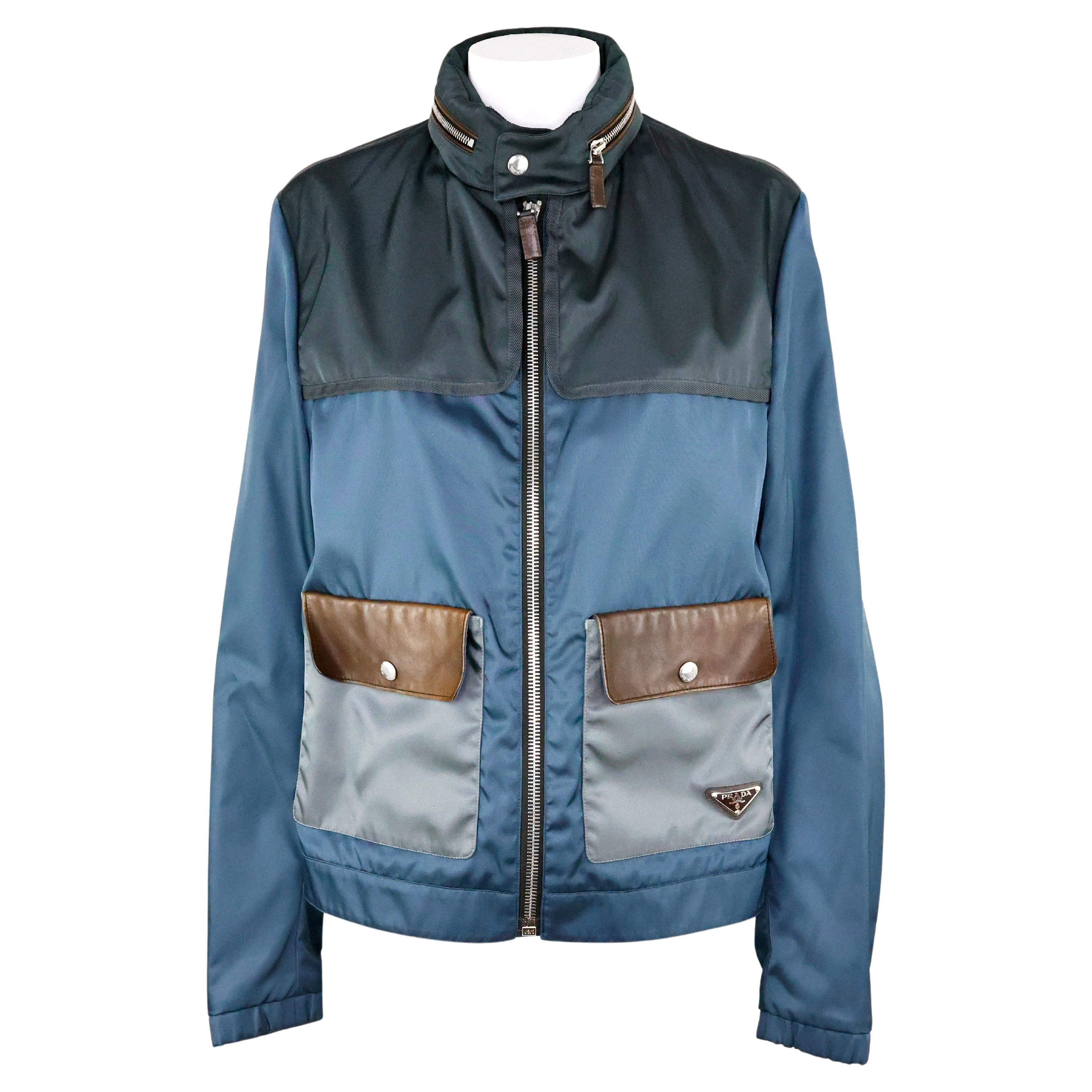 Prada Triangle Logo Jacket in Nylon and Leather For Sale