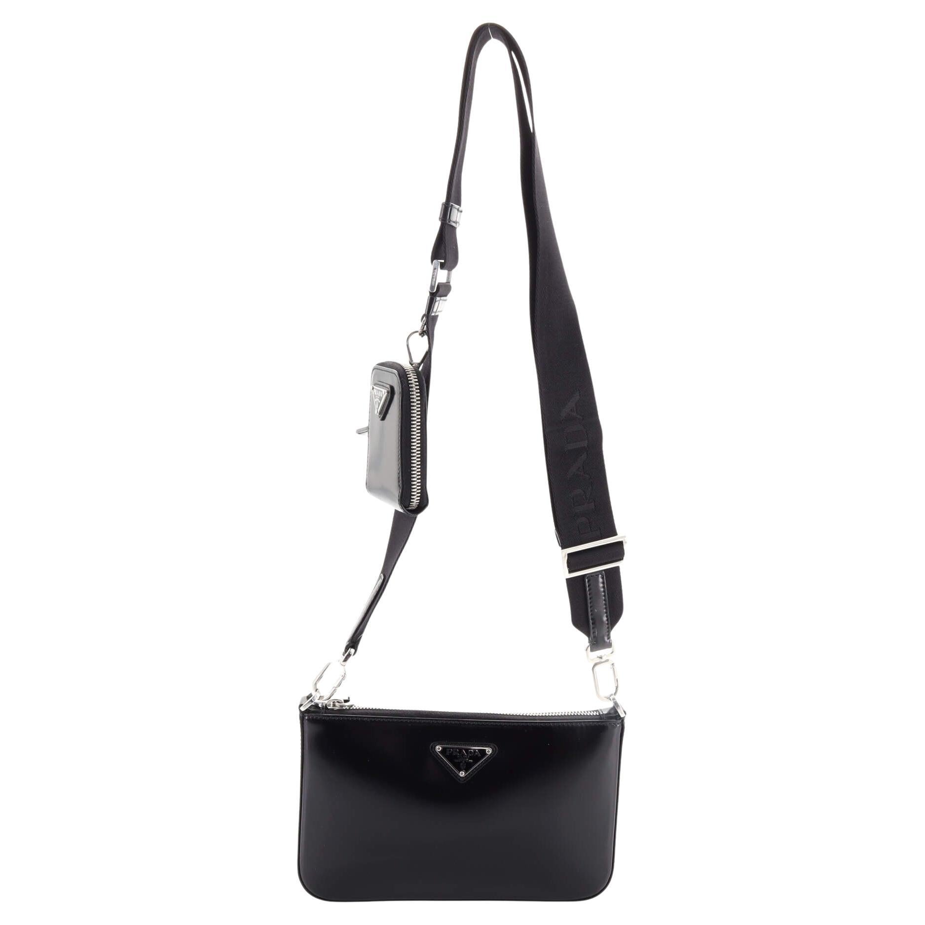 Prada Triangle Logo Plaque Zip Shoulder Bag Spazzolato Leather Small