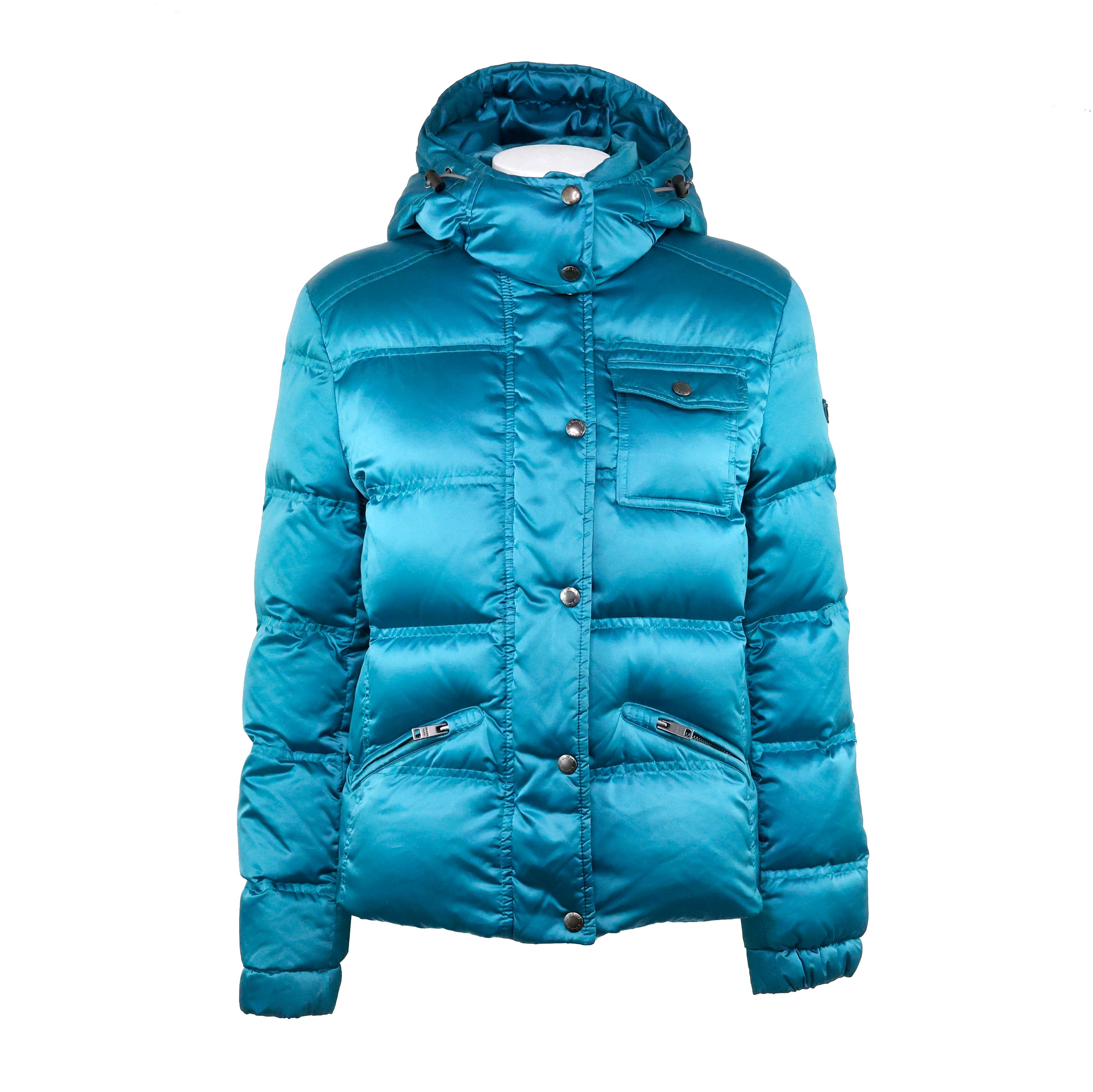 Prada Triangle Logo Puffer Jacket in Turquoise Satin For Sale 8