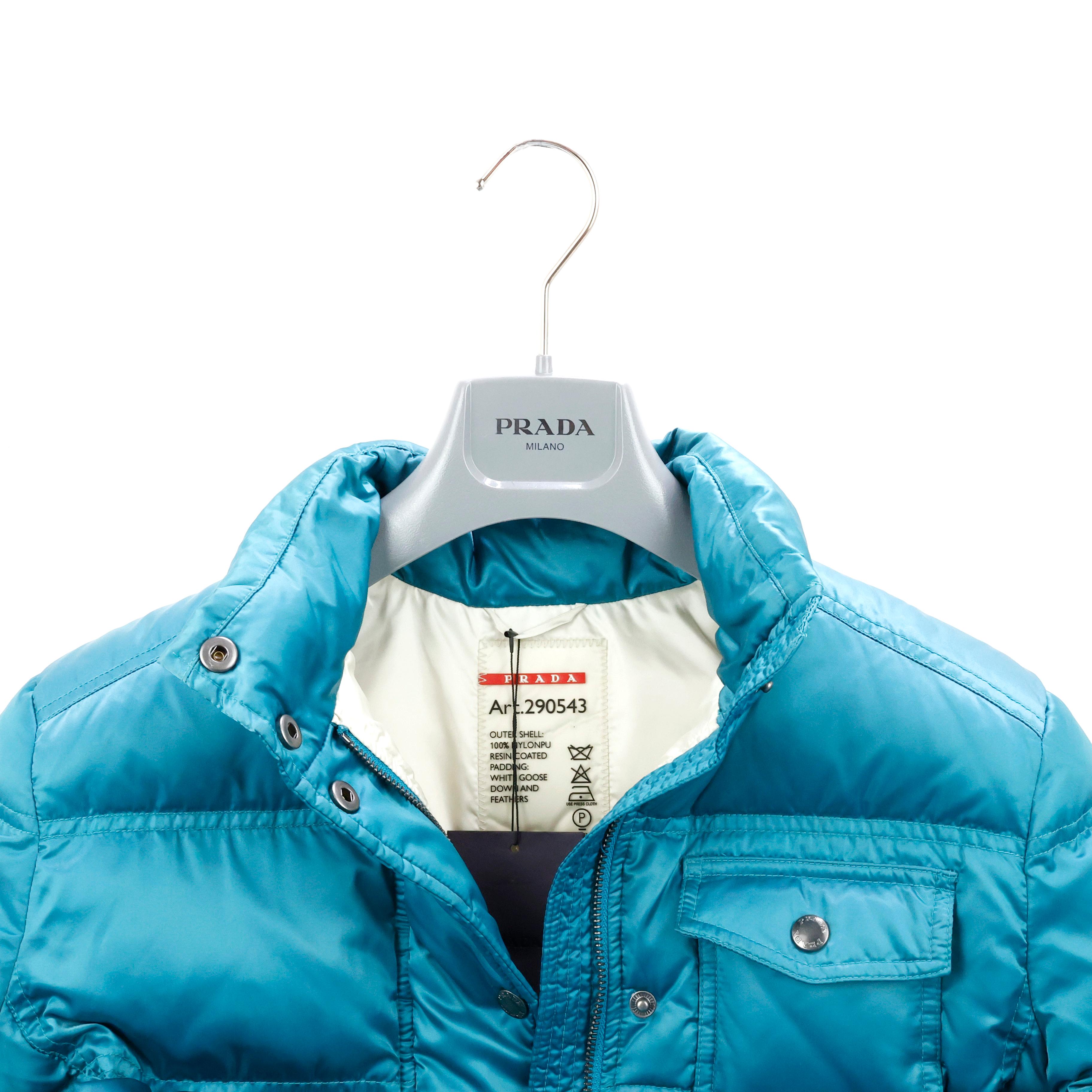 Prada Triangle Logo Puffer Jacket in Turquoise Satin For Sale 10