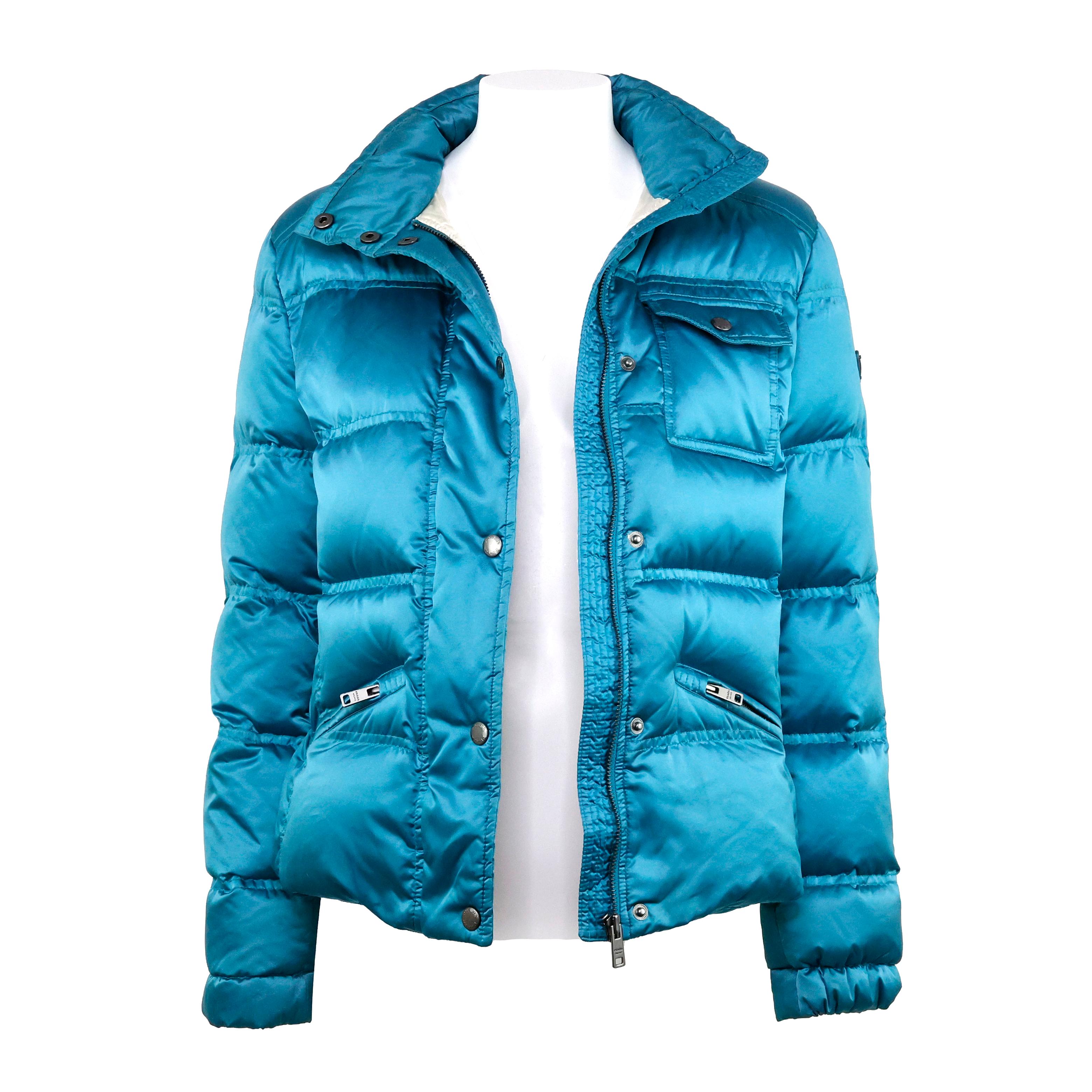 Blue Prada Triangle Logo Puffer Jacket in Turquoise Satin For Sale