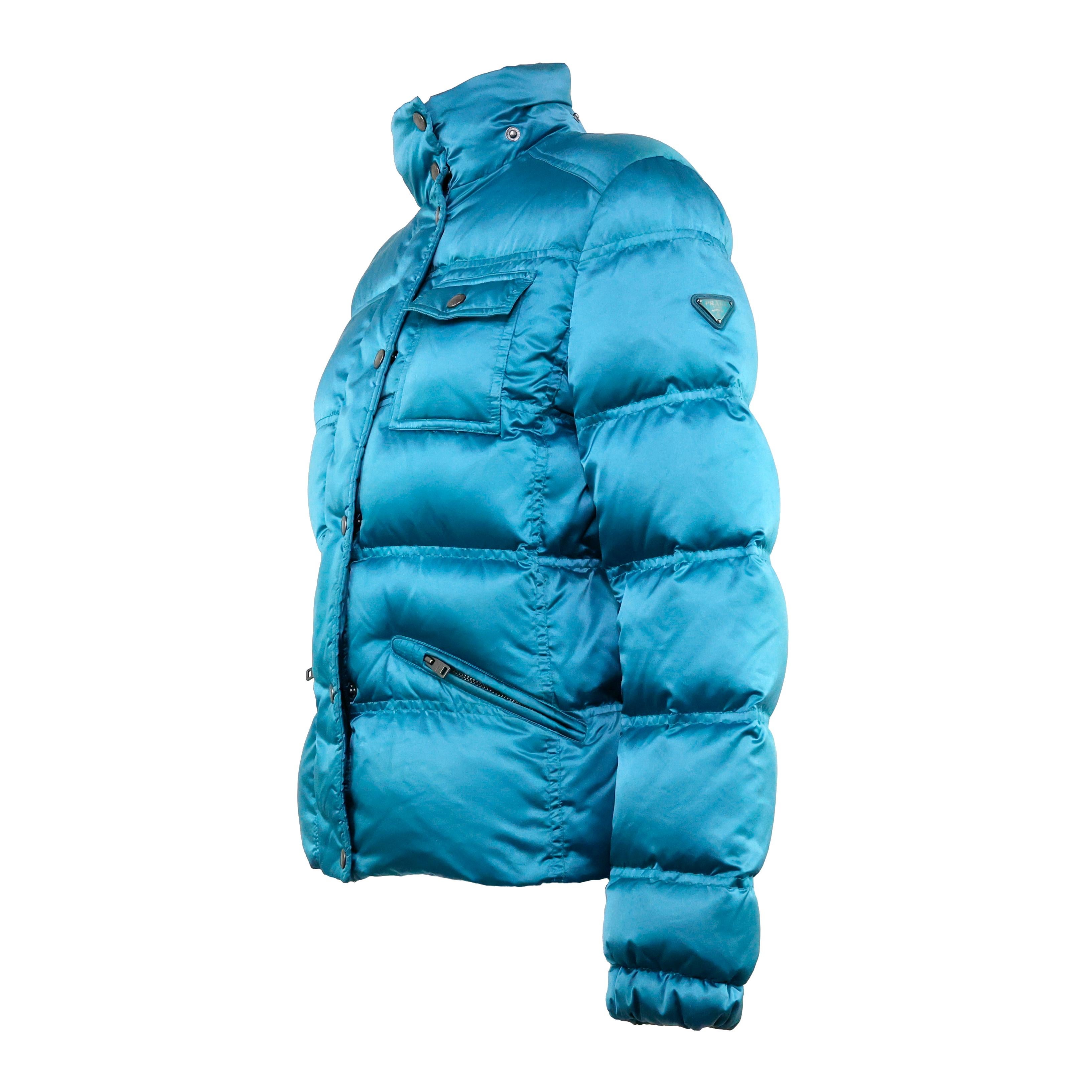 Women's Prada Triangle Logo Puffer Jacket in Turquoise Satin For Sale