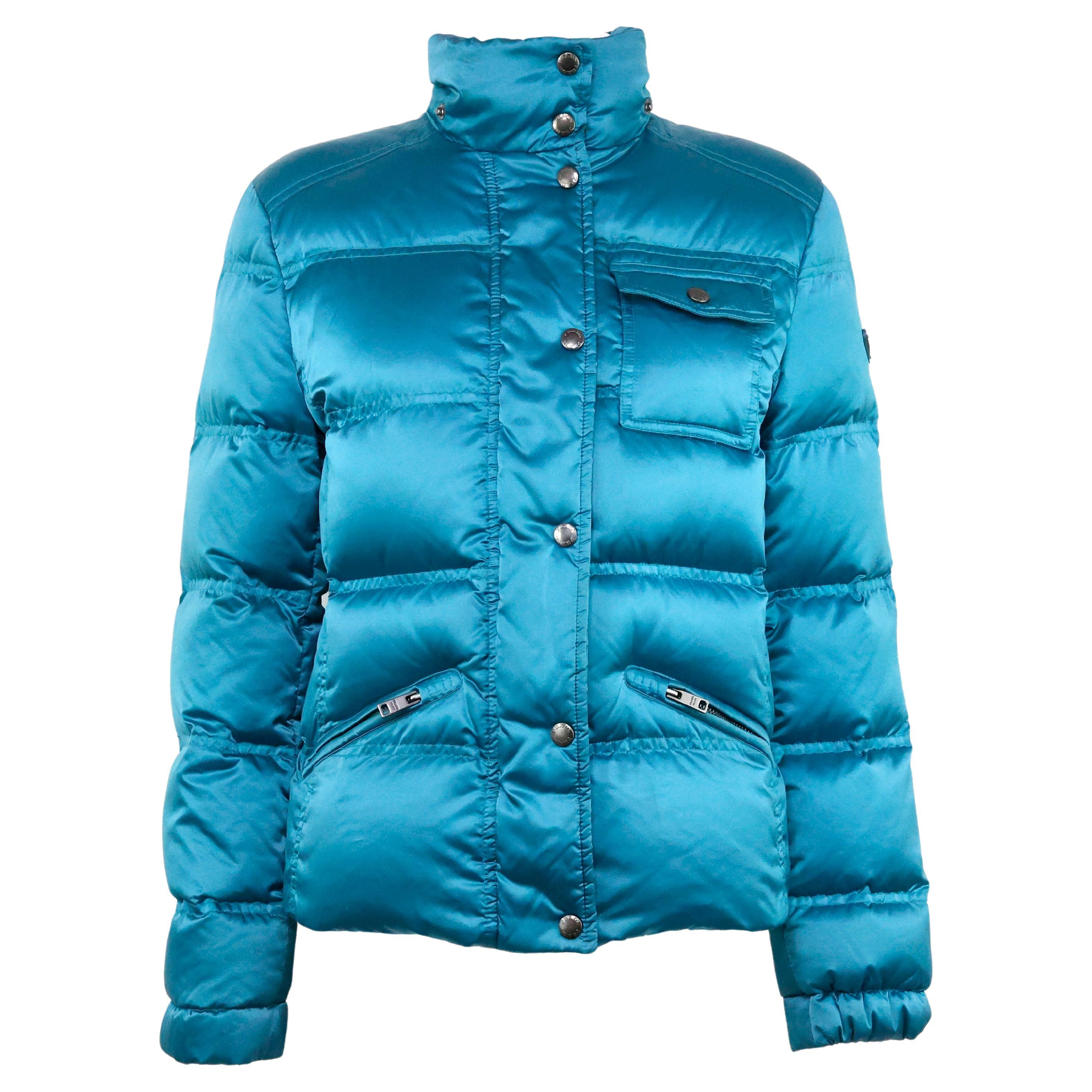 Prada Triangle Logo Puffer Jacket in Turquoise Satin For Sale