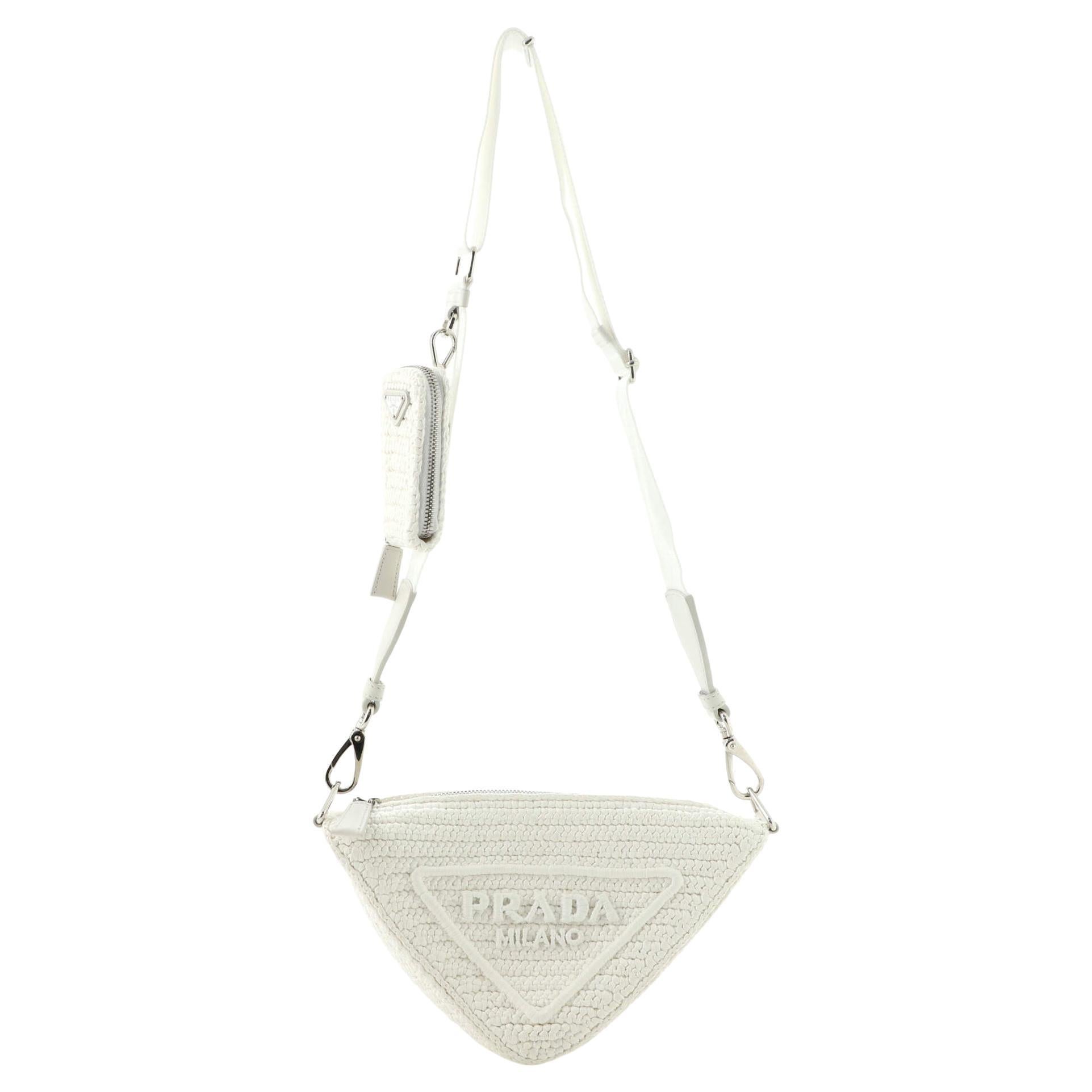 Prada Triangle Logo Zip Crossbody Bag Crochet Raffia Small