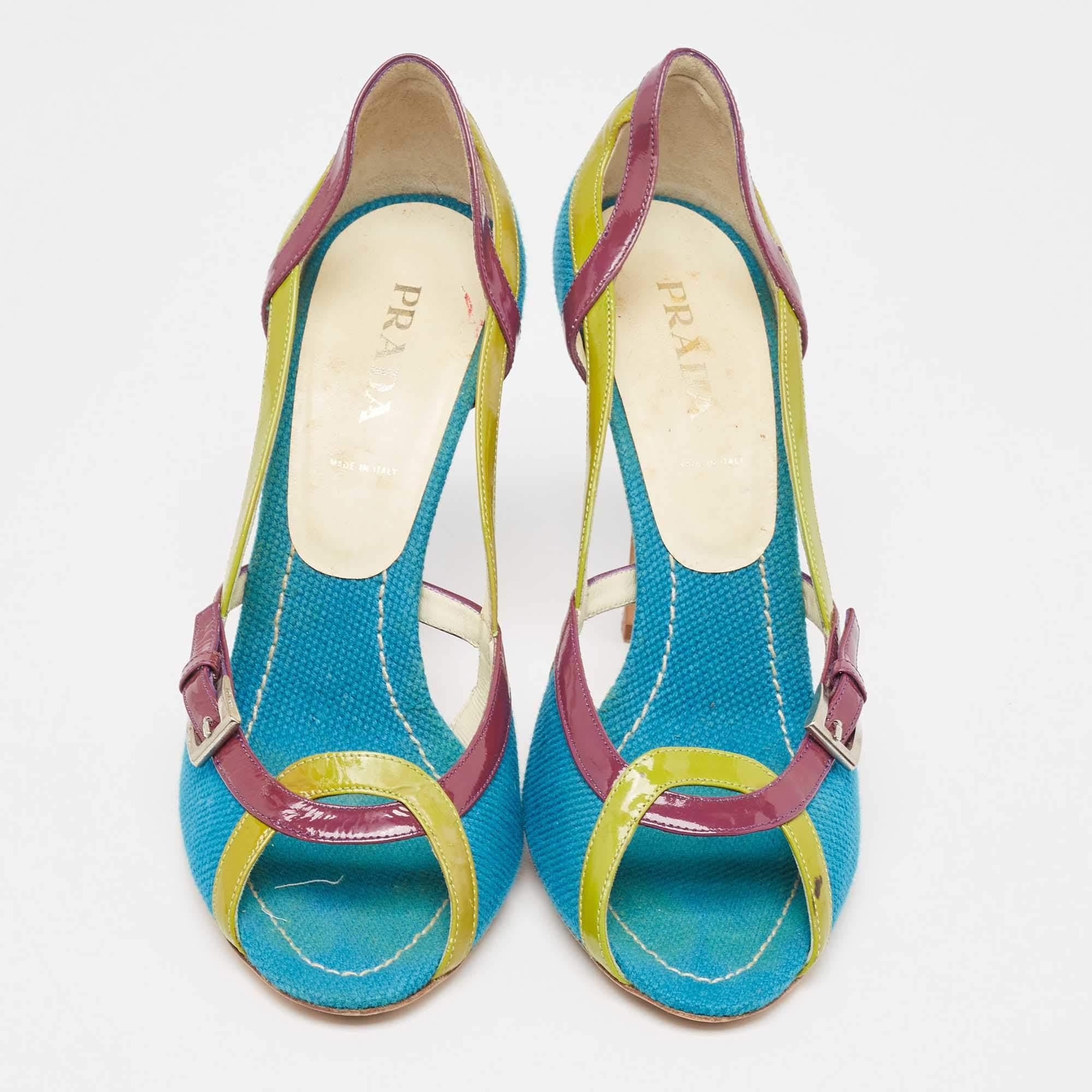Brown Prada Tricolor Canvas and Patent Leather Peep Toe Pumps Size 40.5 For Sale