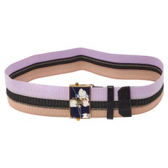 Prada Tricolor Elastic Fabric and Leather Floral Logo Plague Belt 75CM
