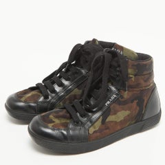 Prada Tricolor Leather and Camo Print Nylon High Top Sneakers Size 35