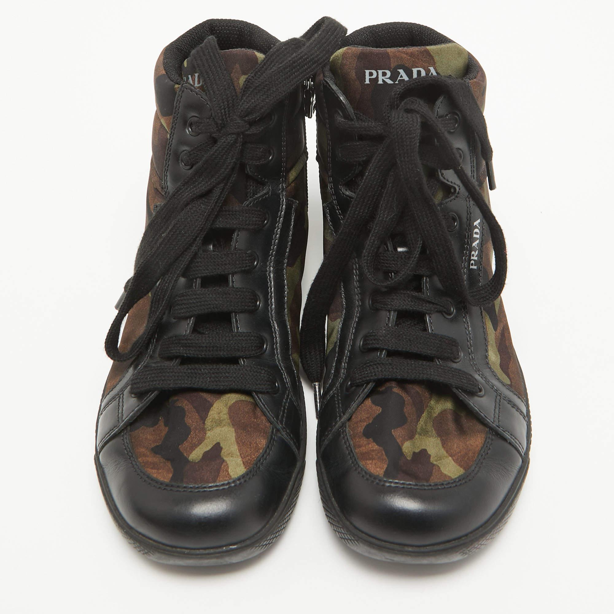 Black Prada Tricolor Leather and Camo Print Nylon High Top Sneakers Size 35 For Sale