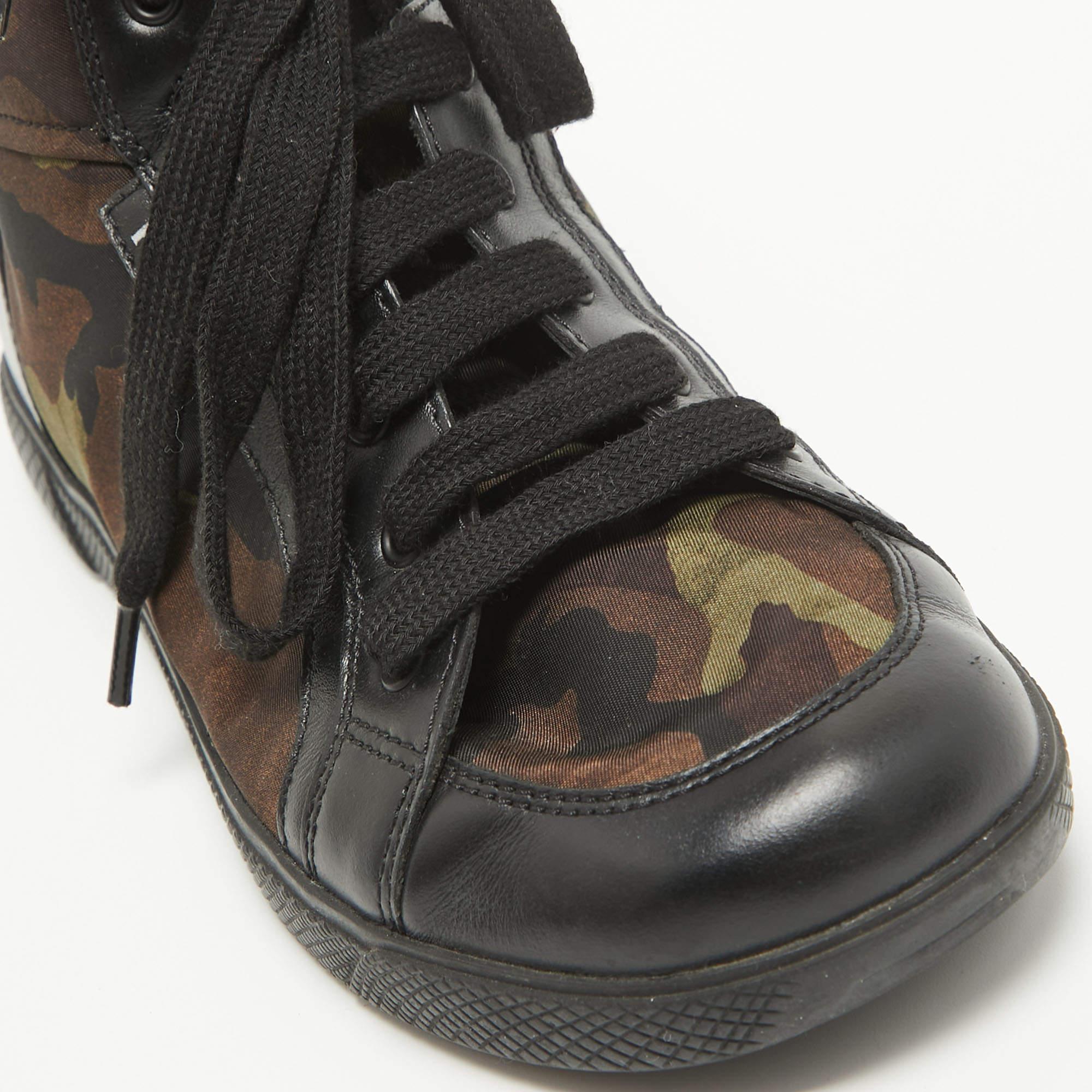 Prada Tricolor Leather and Camo Print Nylon High Top Sneakers Size 35 For Sale 2