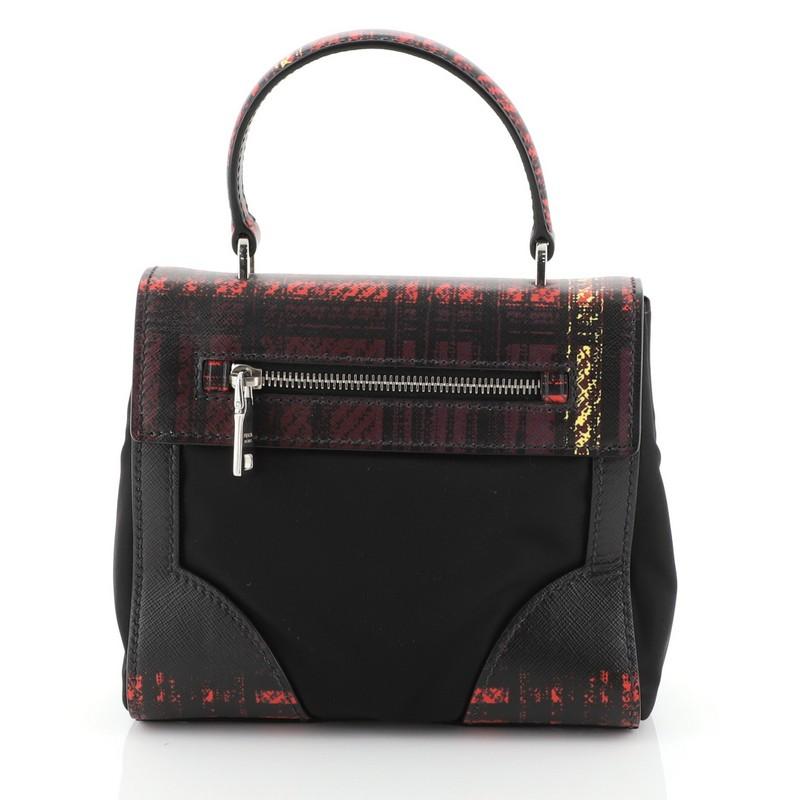 Black Prada Turn Lock Top Handle Bag Printed Saffiano Leather with Tessuto Smal