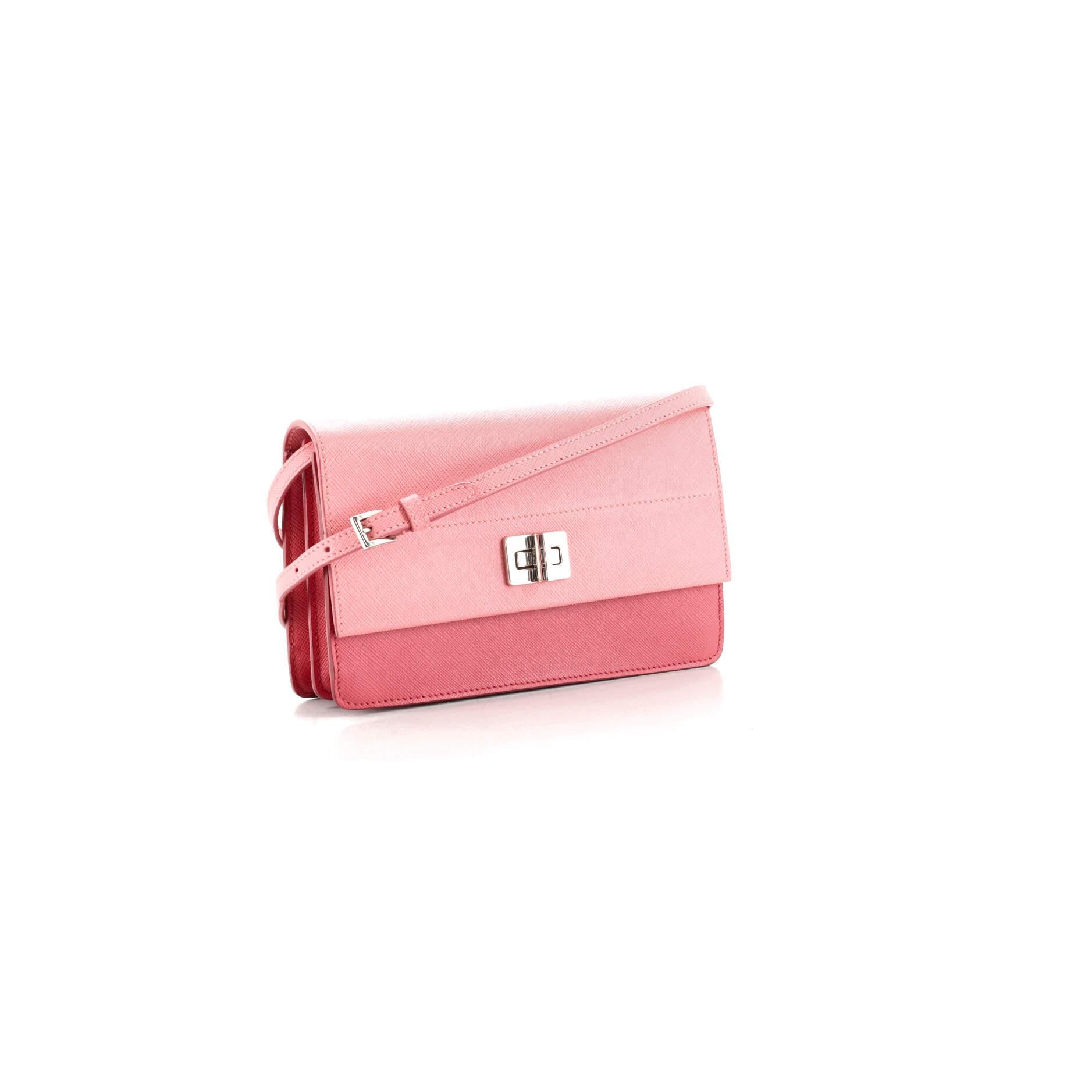 Pink Prada Turn Lock Wallet Crossbody Saffiano Leather Small