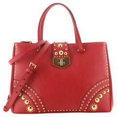 Prada Turnlock Double Zip Tote Studded Saffiano Leather Medium