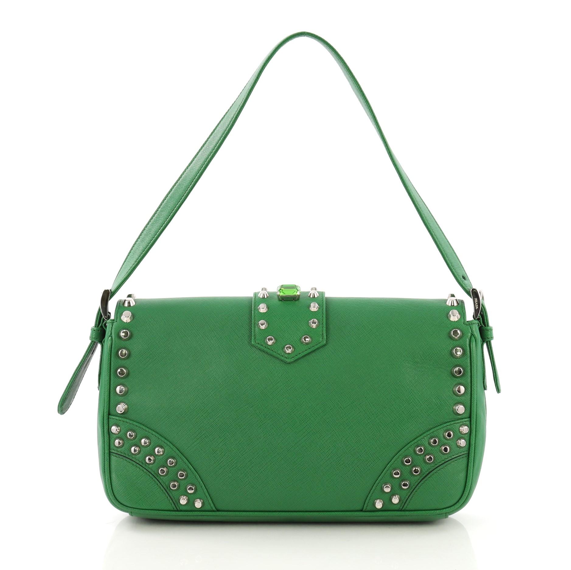 Blue Prada Turnlock Flap Shoulder Bag Studded Saffiano Leather Medium