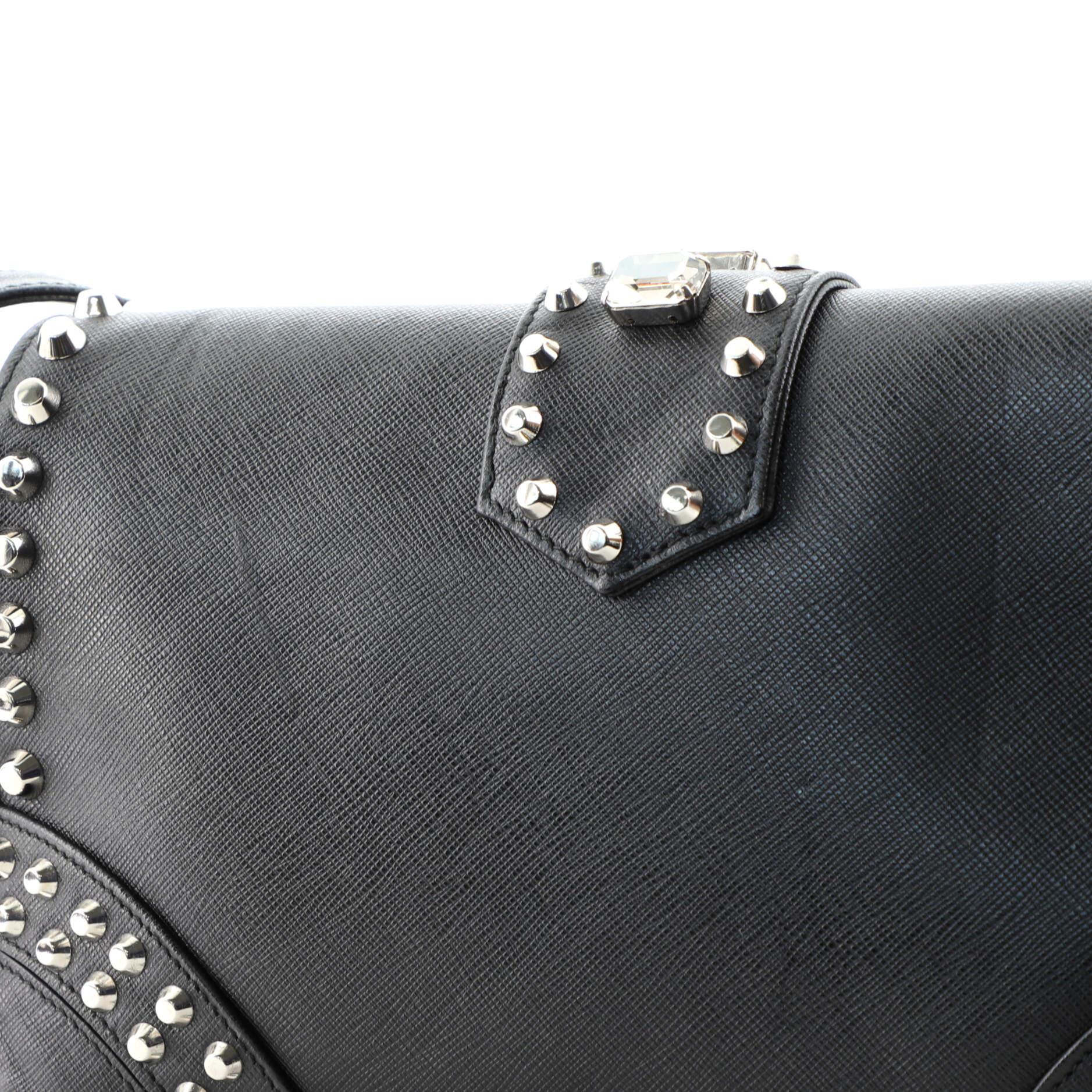 Prada Turnlock Flap Shoulder Bag Studded Saffiano Leather Medium In Good Condition In NY, NY