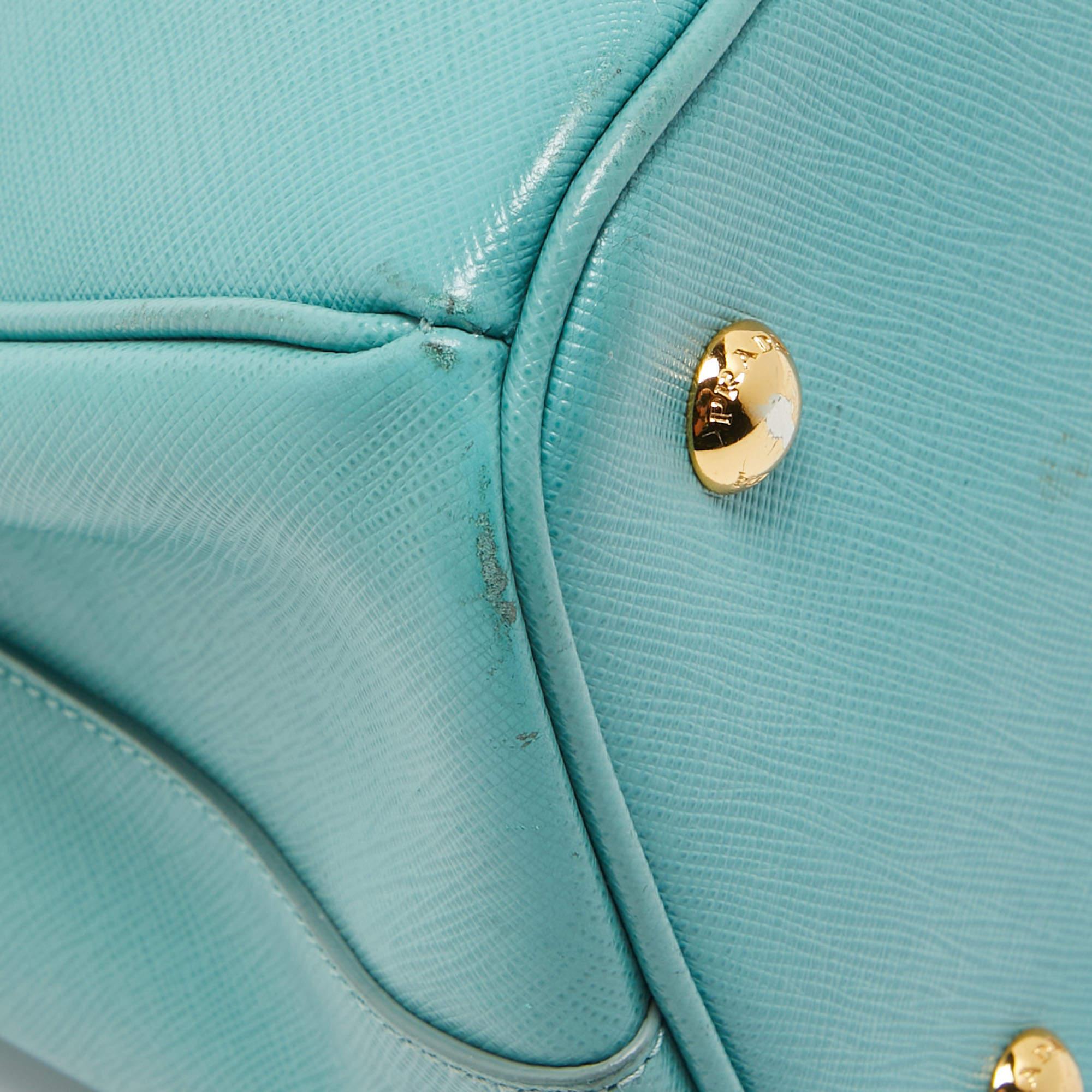 Prada Turquoise Blue Saffiano Leather Medium Middle Zip Tote For Sale 7