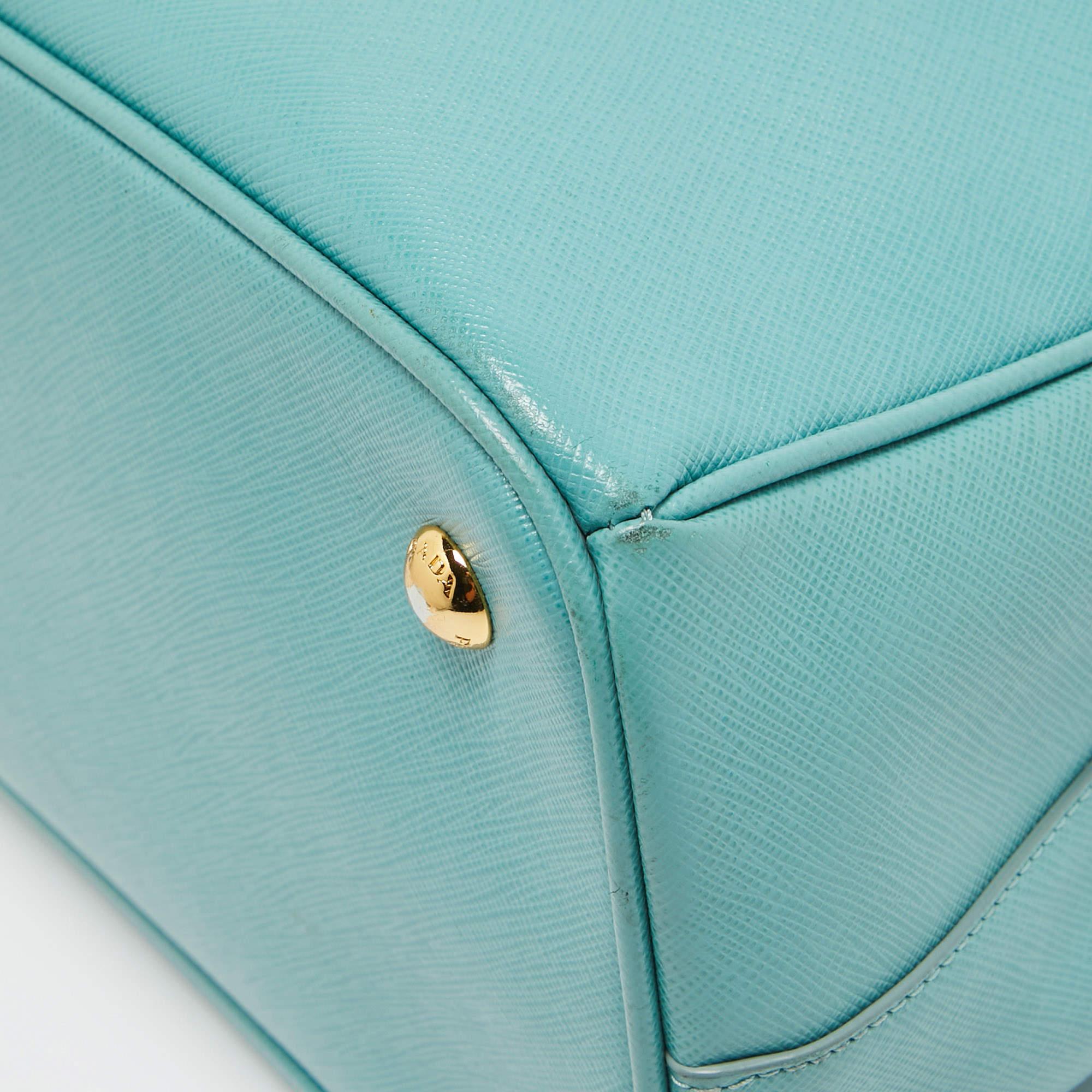 Prada Turquoise Blue Saffiano Leather Medium Middle Zip Tote For Sale 8
