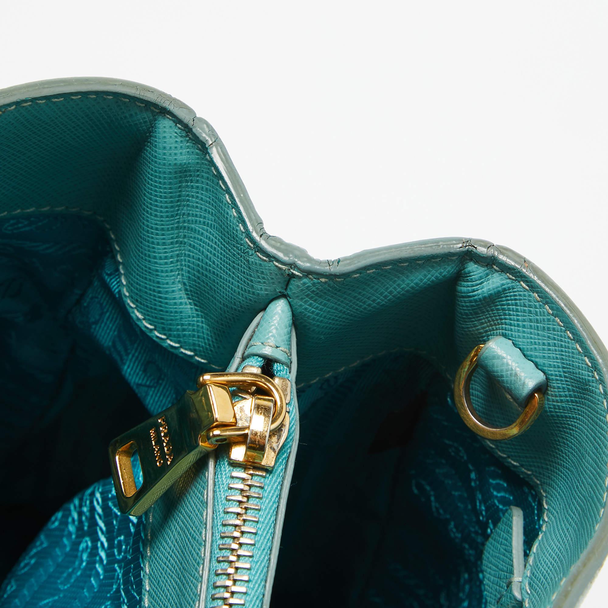 Prada Turquoise Blue Saffiano Leather Medium Middle Zip Tote For Sale 12