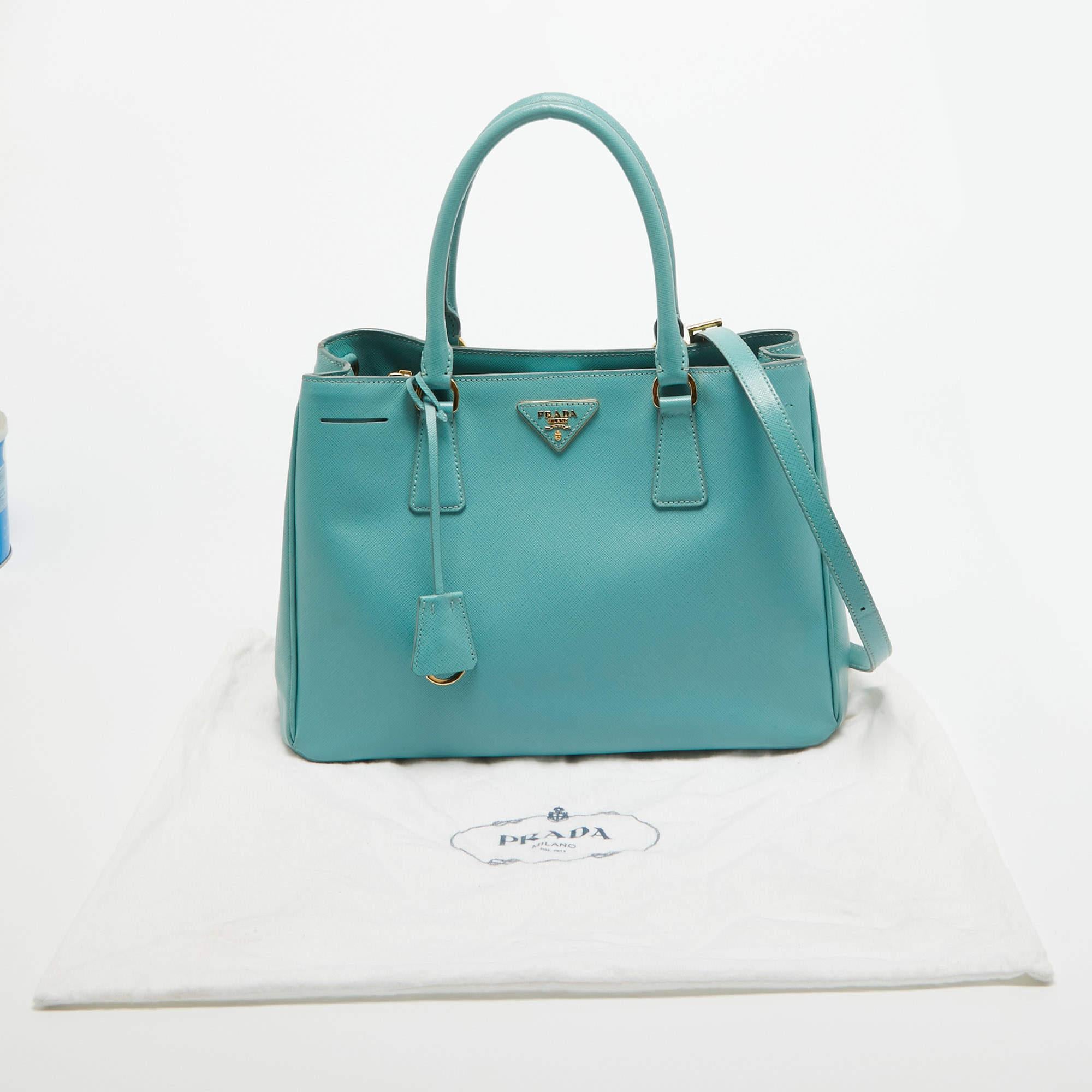 Women's Prada Turquoise Blue Saffiano Leather Medium Middle Zip Tote For Sale
