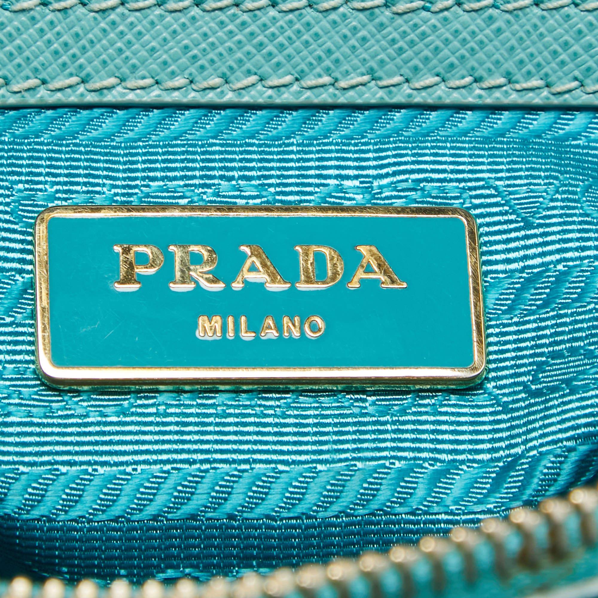 Prada Turquoise Blue Saffiano Leather Medium Middle Zip Tote For Sale 3