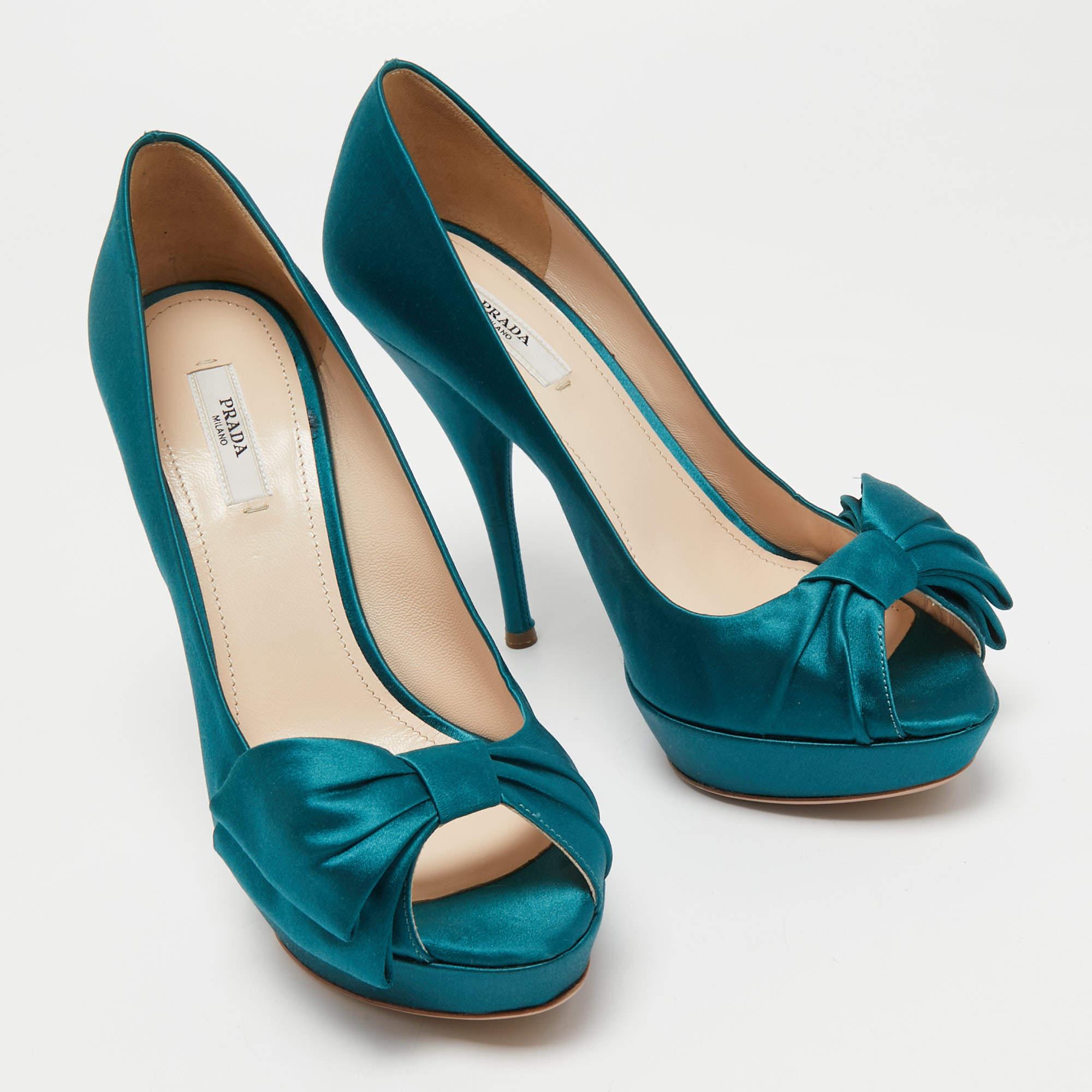 Women's Prada Turquoise Blue Satin Bow Detail Peep Toe Platform Pumps Size 39.5