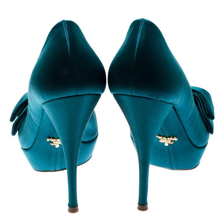 Prada Turquoise Blue Satin Bow Detail Peep Toe Platform Pumps Size 39.5 ...