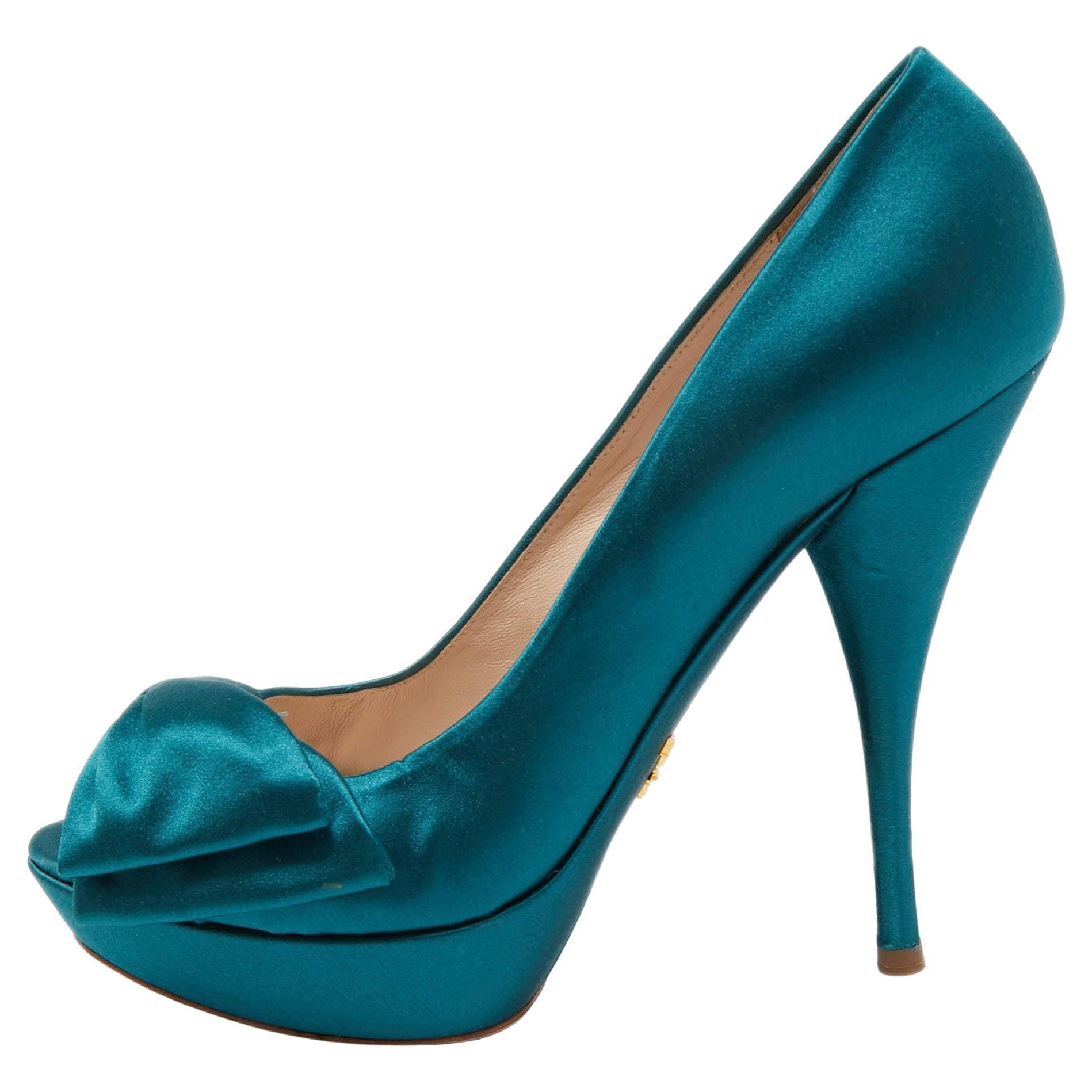 Prada Turquoise Blue Satin Bow Detail Peep Toe Platform Pumps Size 39.5