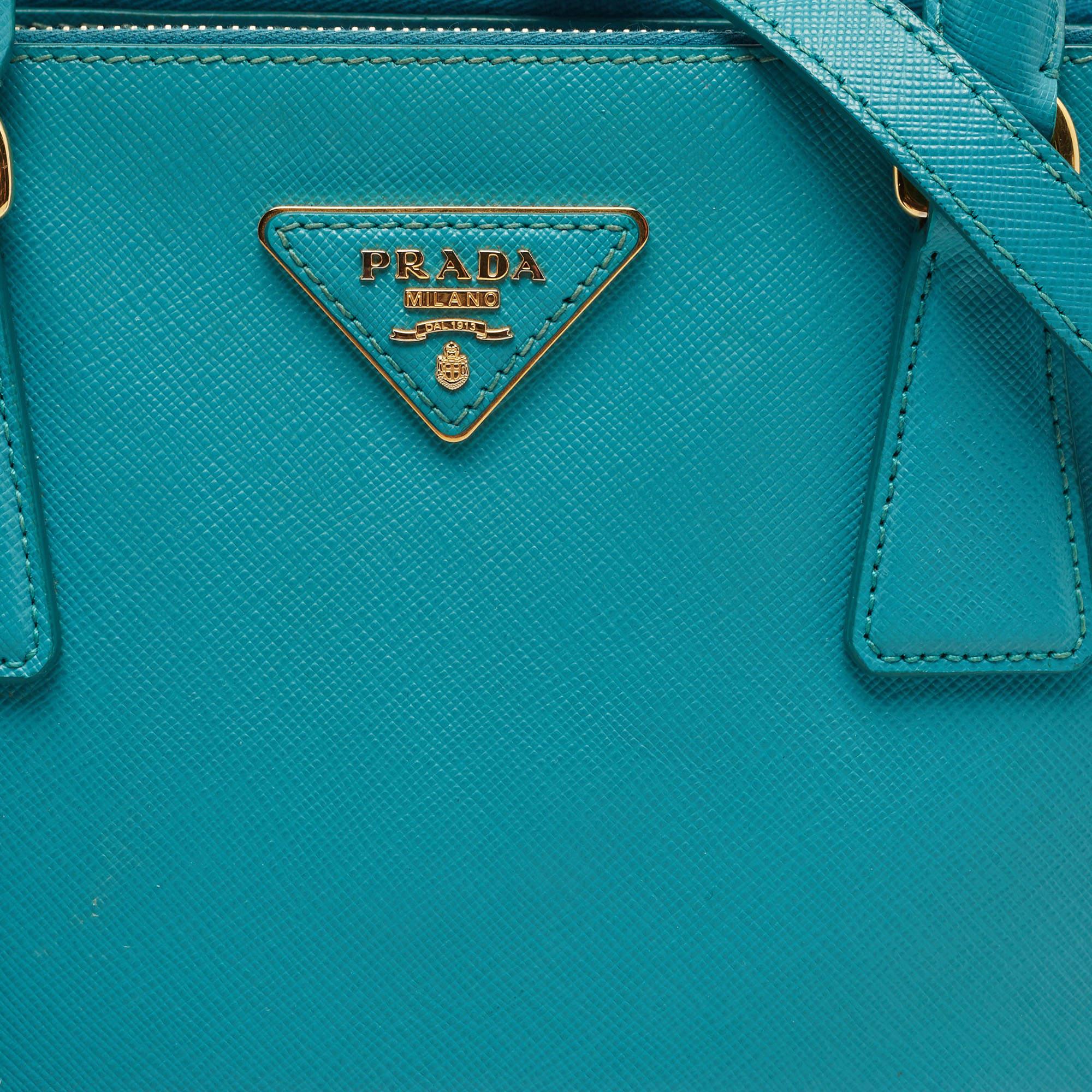Prada Turquoise Green Saffiano Lux Leather Small Double Zip Tote 12