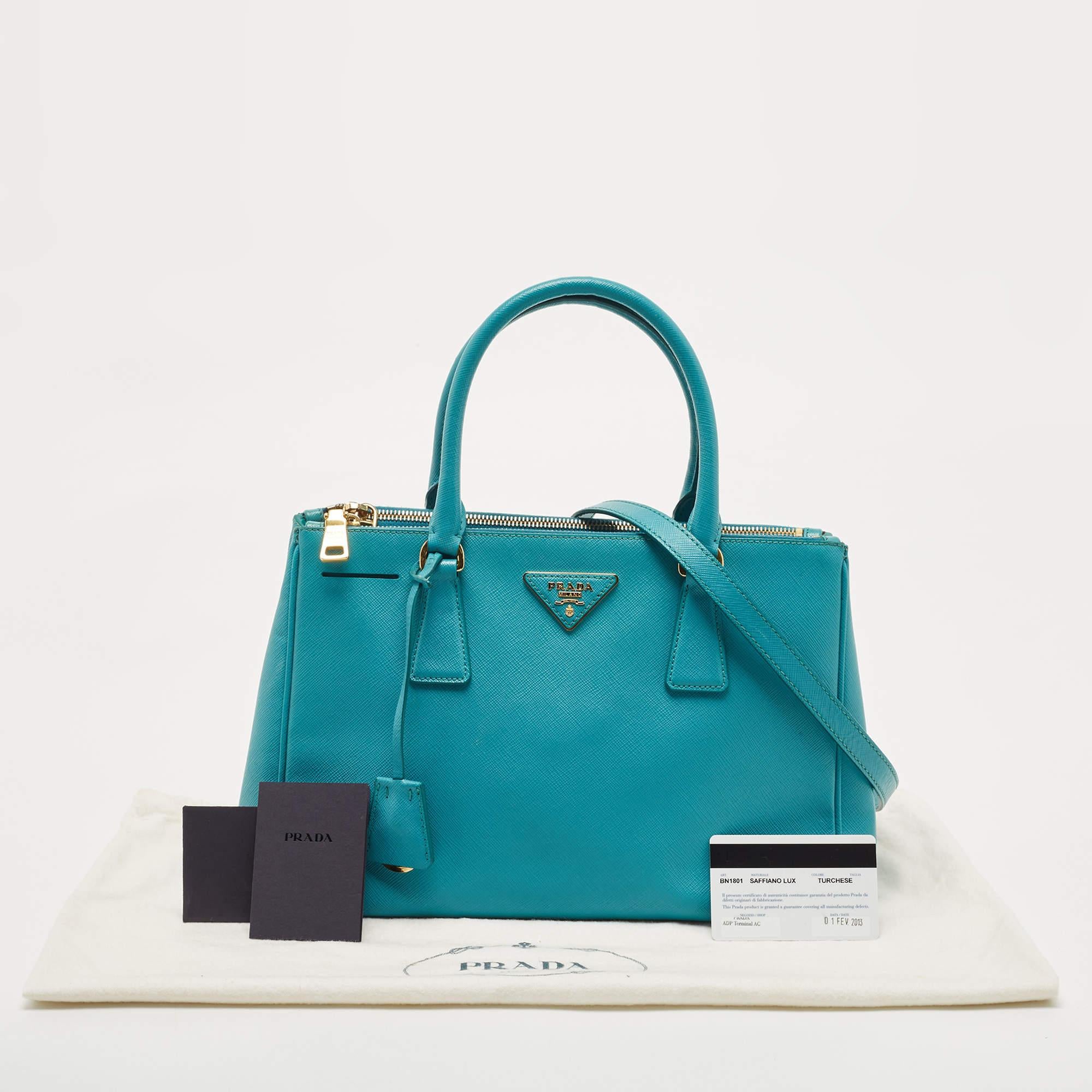 Prada Turquoise Green Saffiano Lux Leather Small Double Zip Tote 14