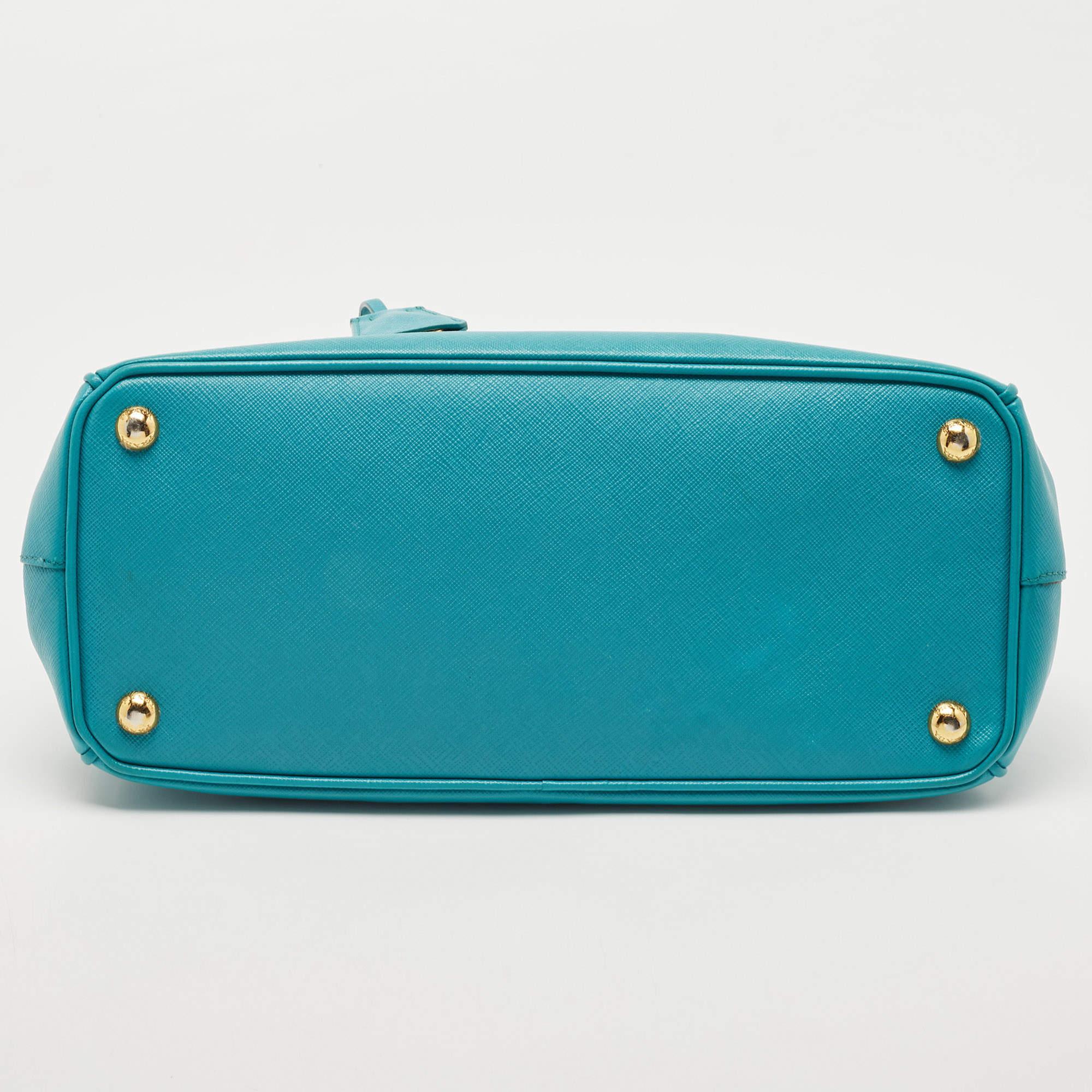 Women's Prada Turquoise Green Saffiano Lux Leather Small Double Zip Tote