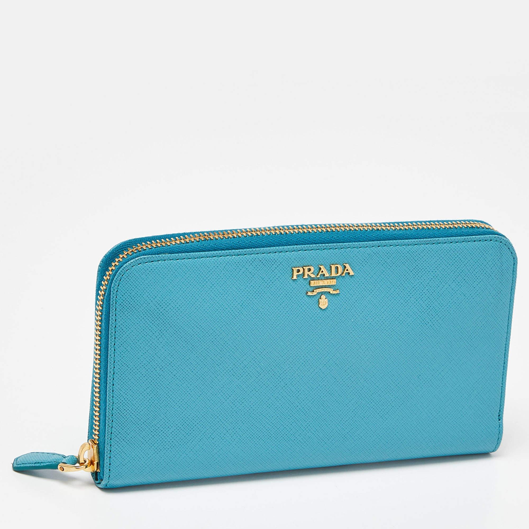 Blue Prada Turquoise Saffiano Leather Zip Around Wallet