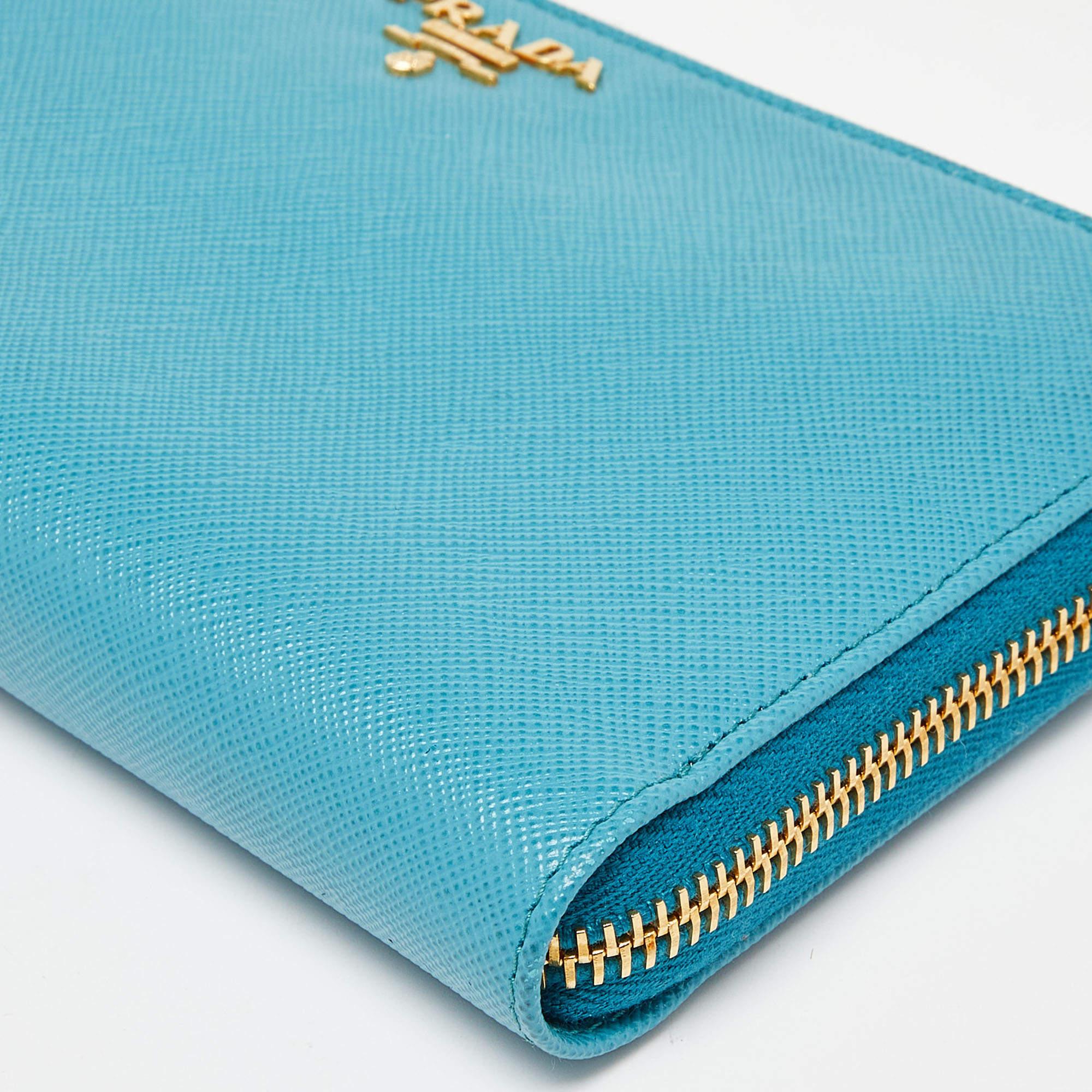 Women's Prada Turquoise Saffiano Leather Zip Around Wallet