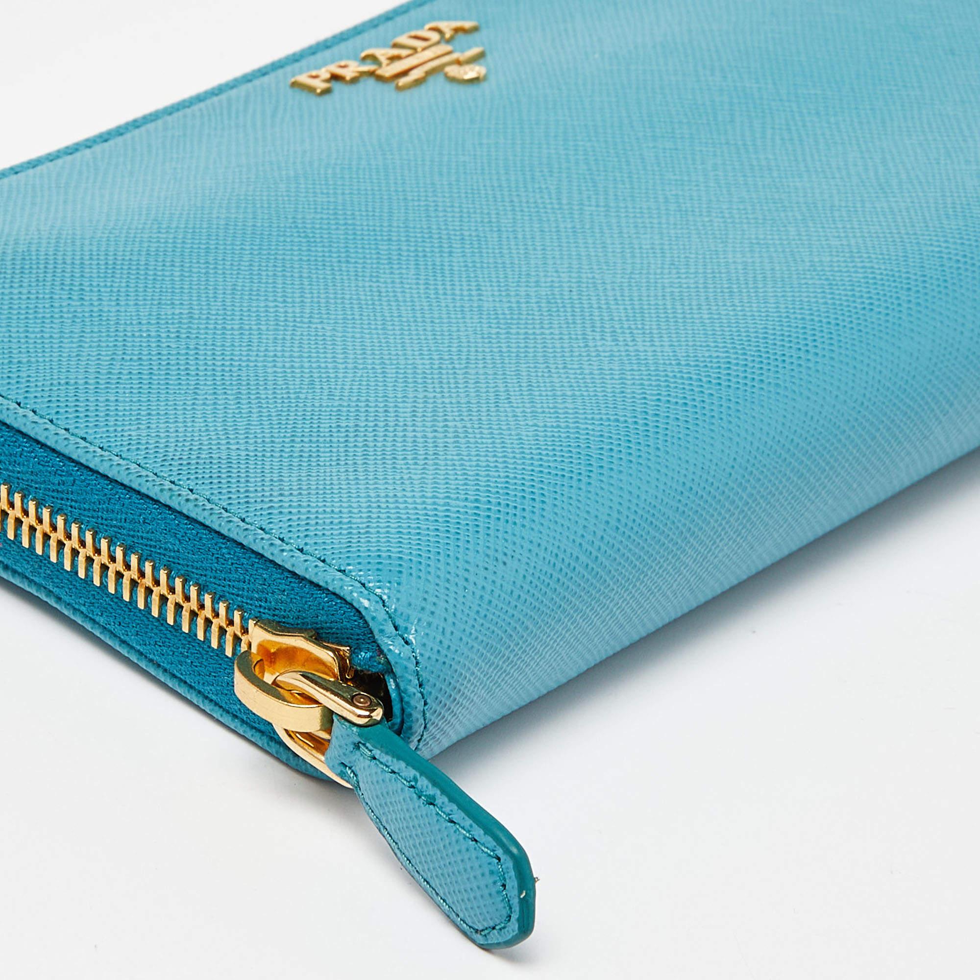 Prada Turquoise Saffiano Leather Zip Around Wallet 1