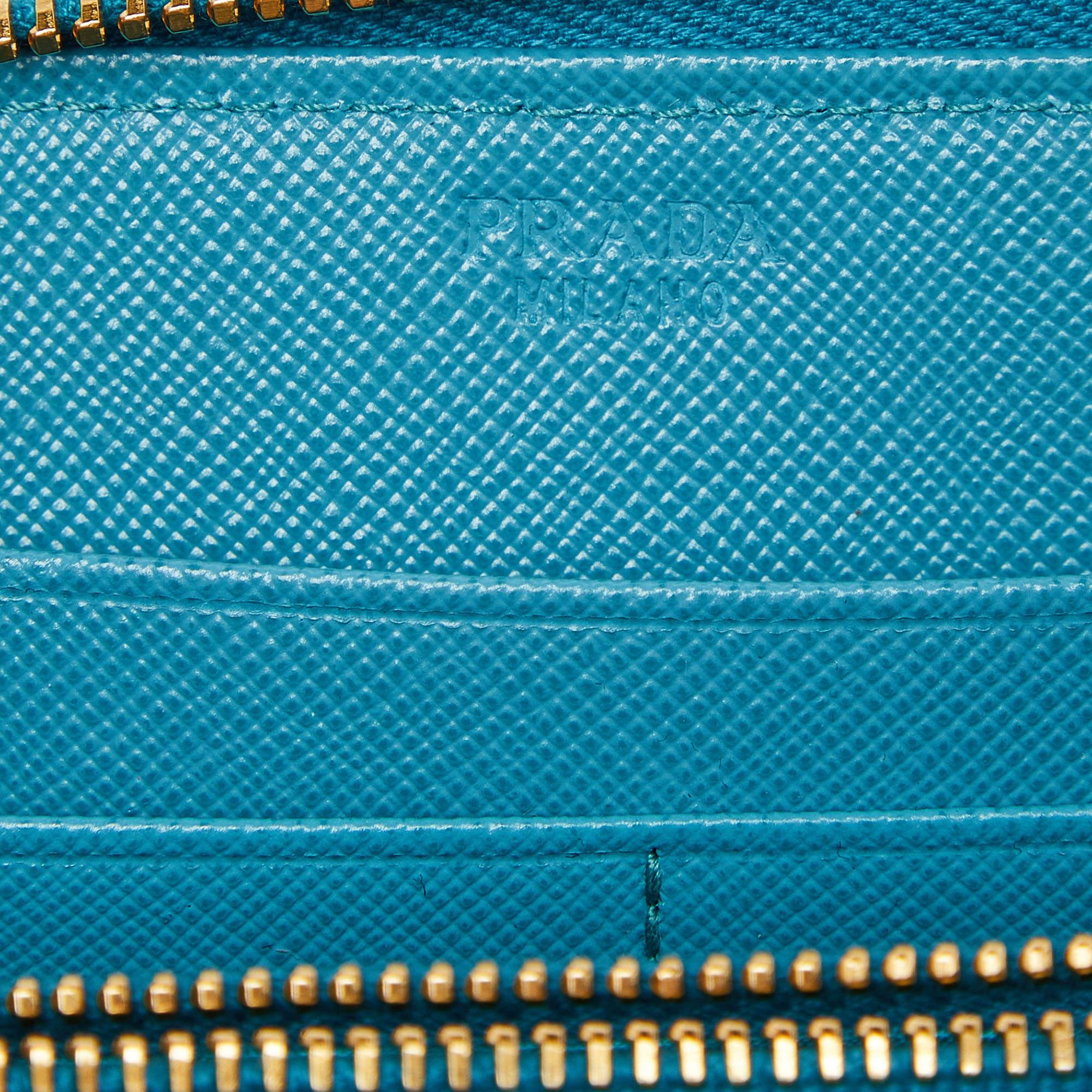 Prada Turquoise Saffiano Leather Zip Around Wallet 2