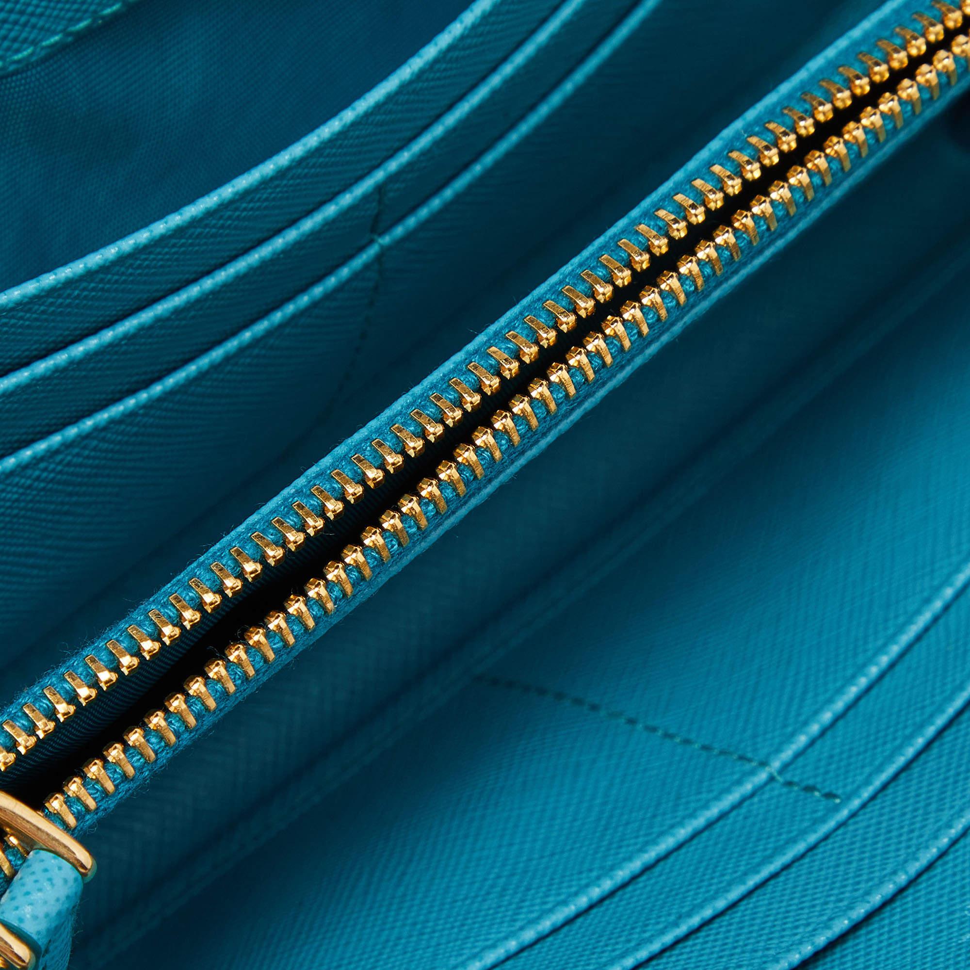 Prada Turquoise Saffiano Leather Zip Around Wallet 3