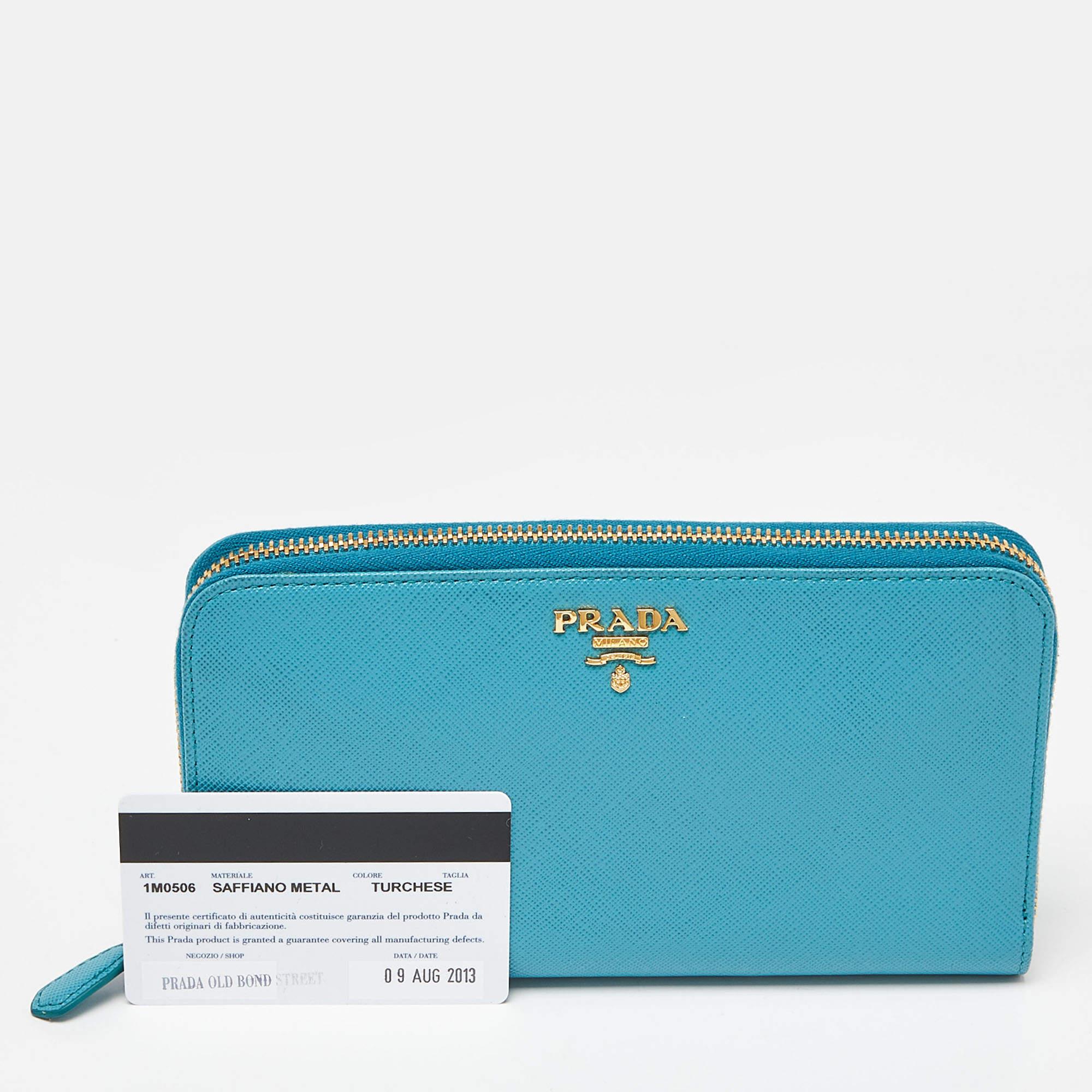 Prada Turquoise Saffiano Leather Zip Around Wallet 4