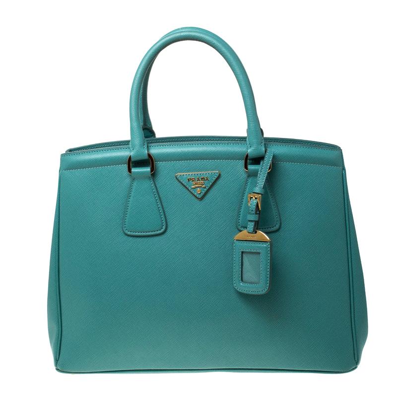 Prada Turquoise Saffiano Lux Leather Parabole Tote