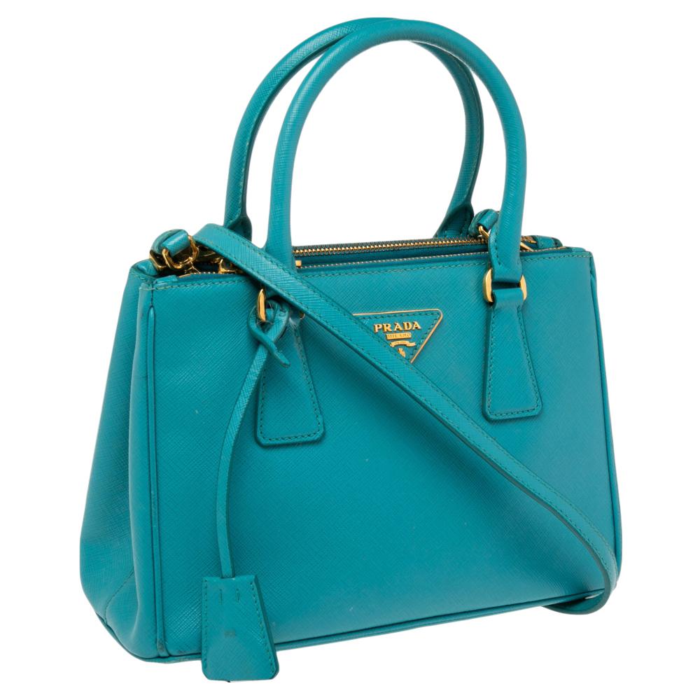 Prada Turquoise Saffiano Lux Leather Small Galleria Double Zip Tote In Good Condition In Dubai, Al Qouz 2