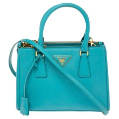 Used Prada Turquoise Saffiano Lux Leather Small Galleria Double Zip Tote
